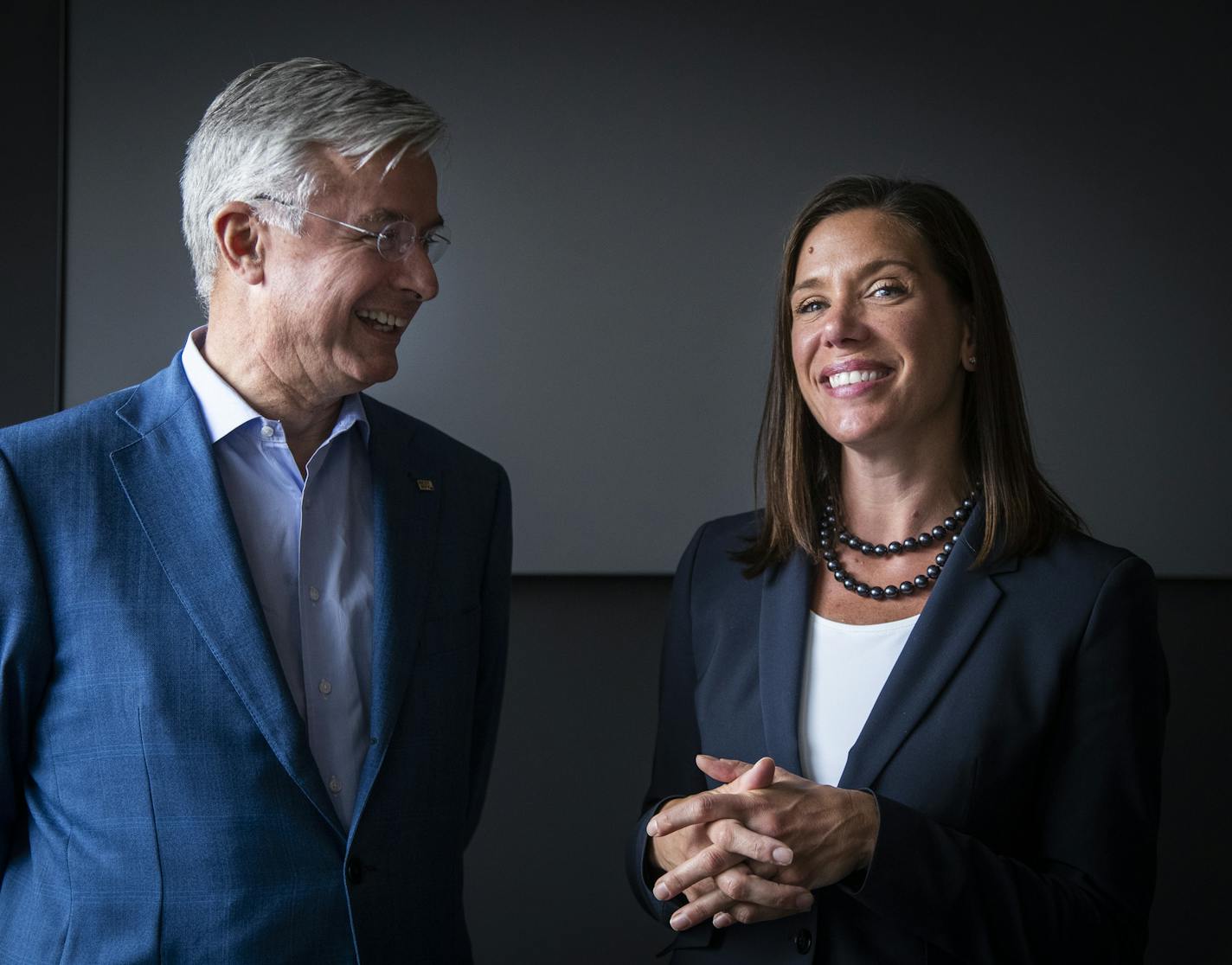 Corie Barry, right, current CFO, who was just named CEO of Best Buy, poses with current CEO Hubert Joly who will become executive chairman. ] LEILA NAVIDI &#xa5; leila.navidi@startribune.com BACKGROUND INFORMATION: Corie Barry, current CFO, was just named CEO of Best Buy on Monday, April 15, 2019. Hubert Joly will become executive chairman. The transition will happen in June. Photographed at Best Buy headquarters in Richfield.