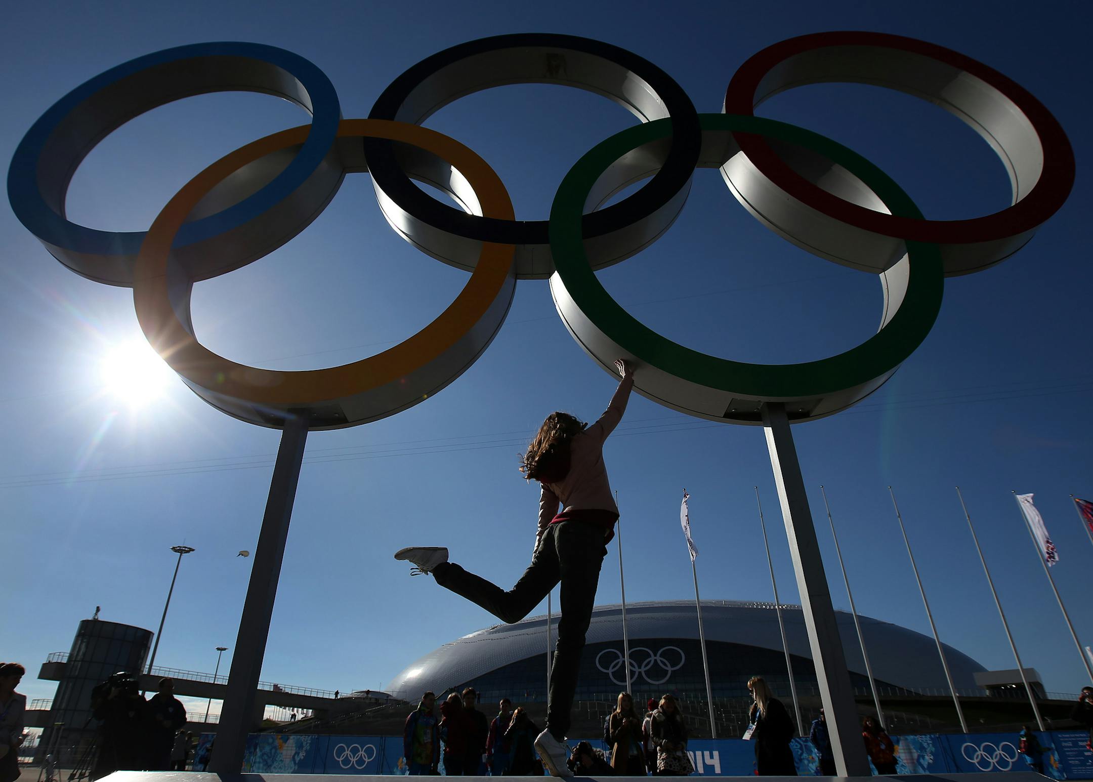 The Olympics rings were a popular place for photos on Thursday at Olympic Park in Adler, Russia. Opening ceremonies for the Sochi Winter Olympics are on Friday. ] CARLOS GONZALEZ cgonzalez@startribune.com - February 6, 2013, Adler, Russia, Sochi 2014 Winter Olympics,