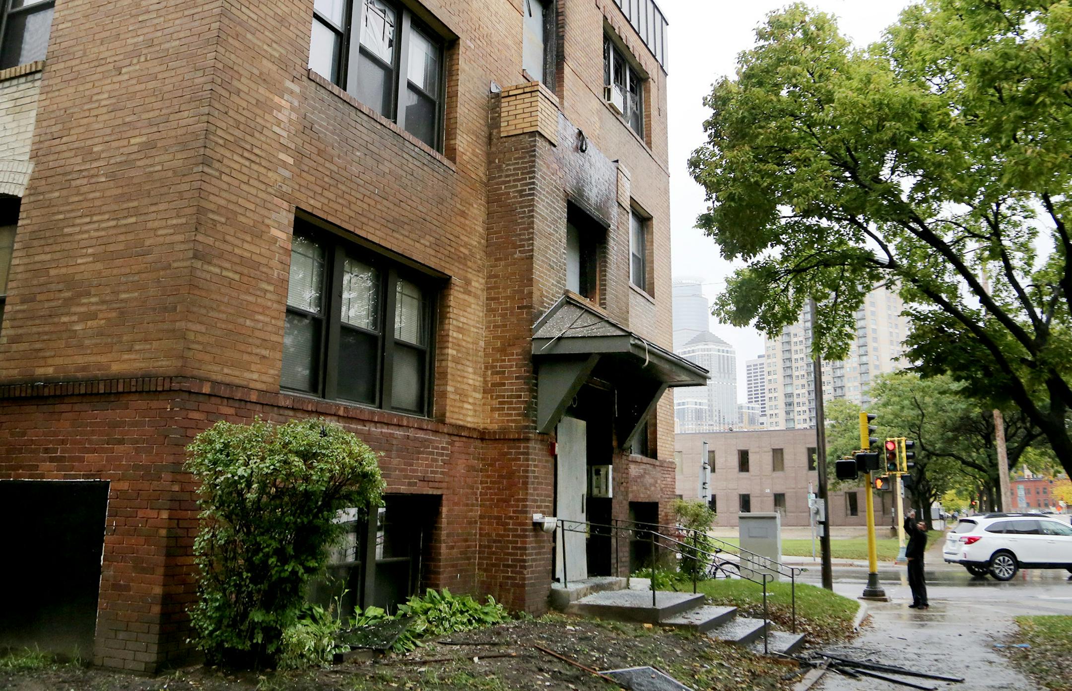 The apartment building at the corner of 15th and Park Ave. S. where after a fire broke out Friday night and a man jumped from his third story apartment window to escape the flames and later died and was seen Saturday, Oct. 7, 2017, in Minneapolis, MN.