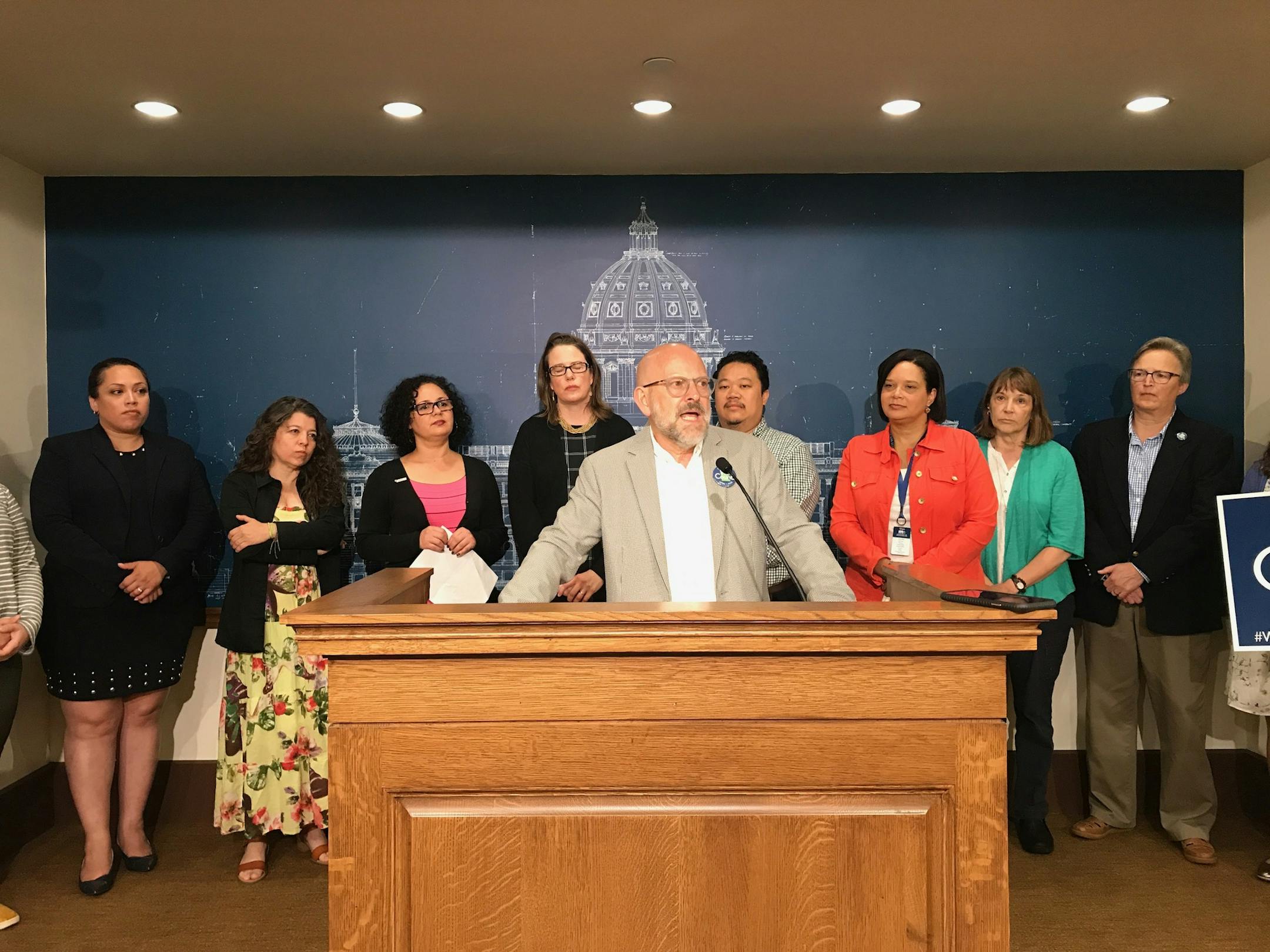 Bob Tracy of the Minnesota Council on Foundations address reporters at the Capitol Thursday about the Supreme Court's decision regarding the addition of a citizenship question to the U.S. Census.