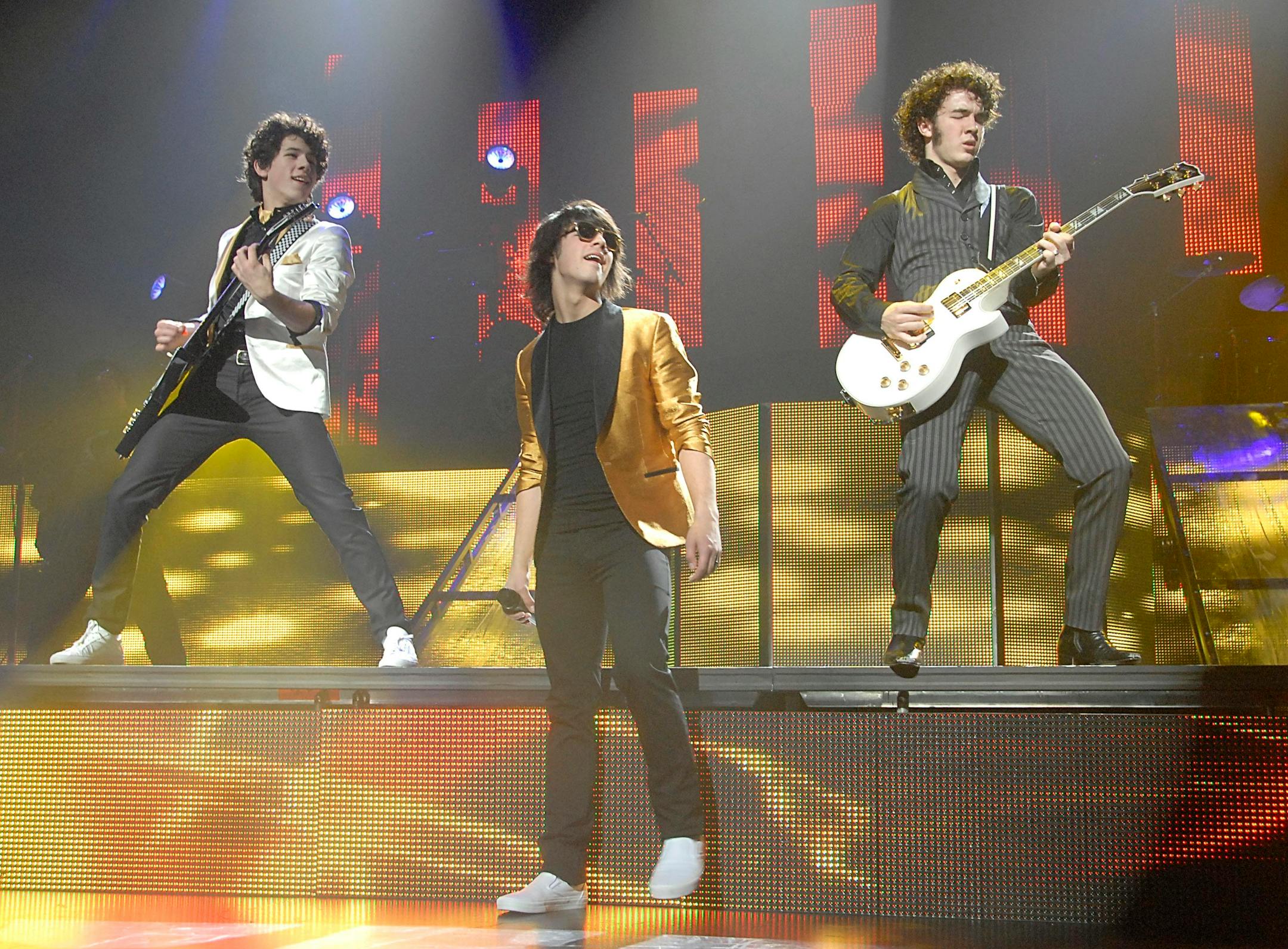From left to right, Kevin Jonas, Joe Jonas, and Nick Jonas of the band Jonas Brothers perform at the Gibson Amphitheatre in Universal City, Calif. on Sunday, February 3, 2008.