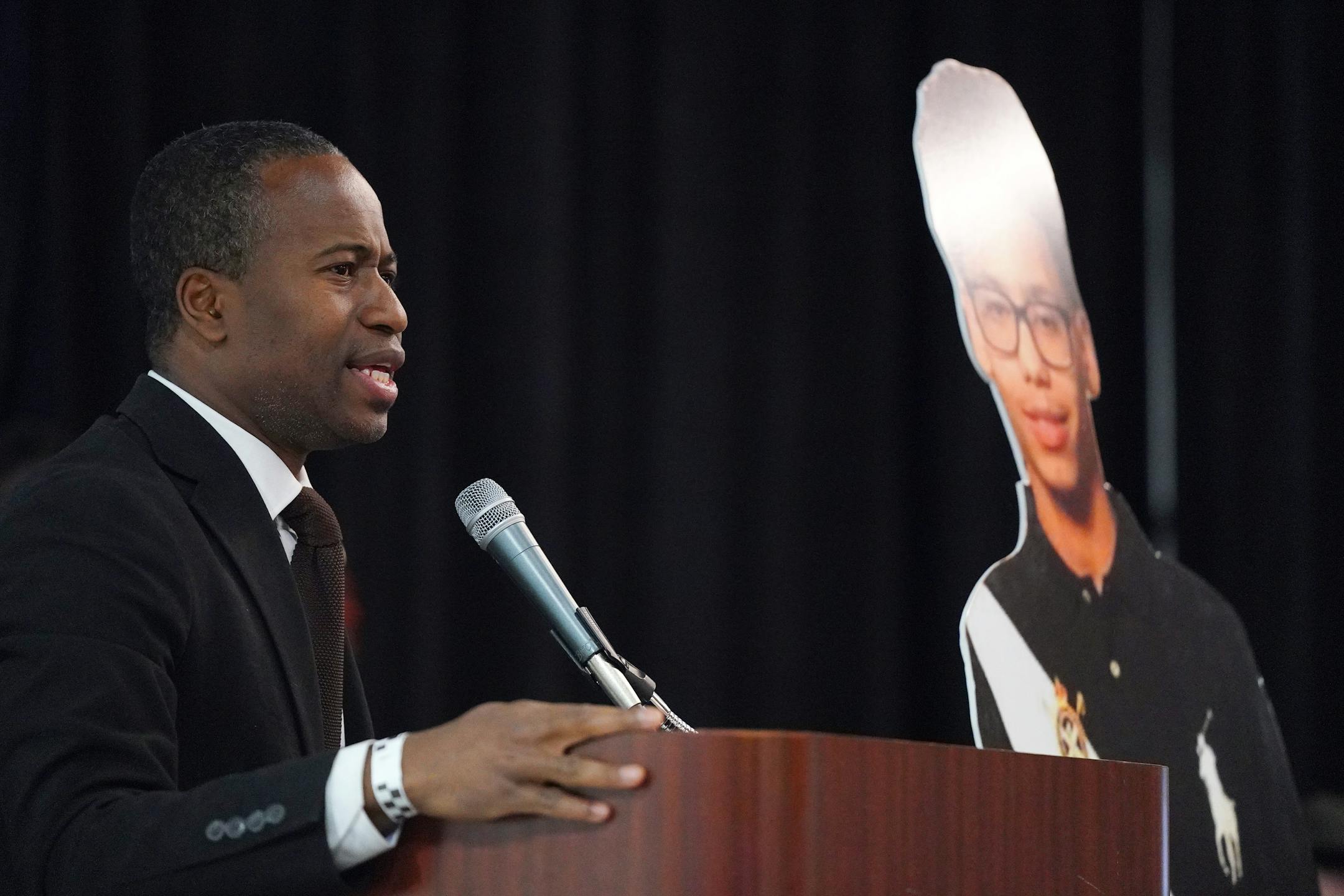 Brooklyn Center Mayor Mike Elliott speaks during an event to mark one year since Daunte Wright was fatally shot by former Brooklyn Center officer Kimberly Potter.