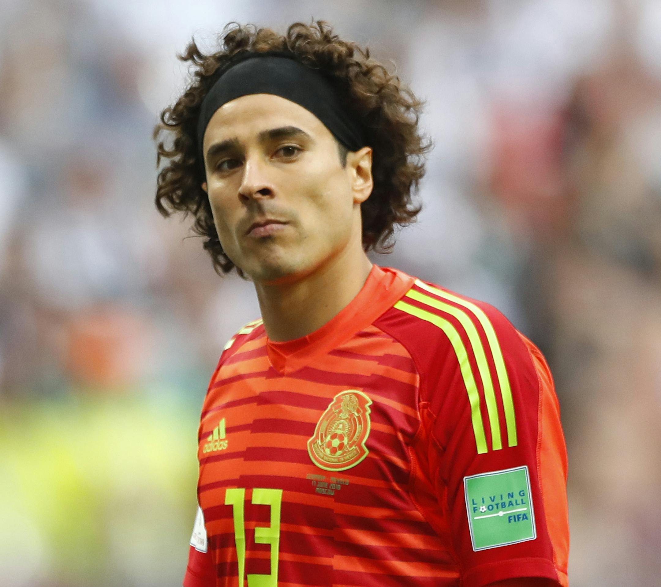 Mexico goalkeeper Guillermo Ochoa gets to the goal after the halftime break during the group F match between Germany and Mexico at the 2018 soccer World Cup in the Luzhniki Stadium in Moscow, Russia, Sunday, June 17, 2018. (AP Photo/Matthias Schrader)