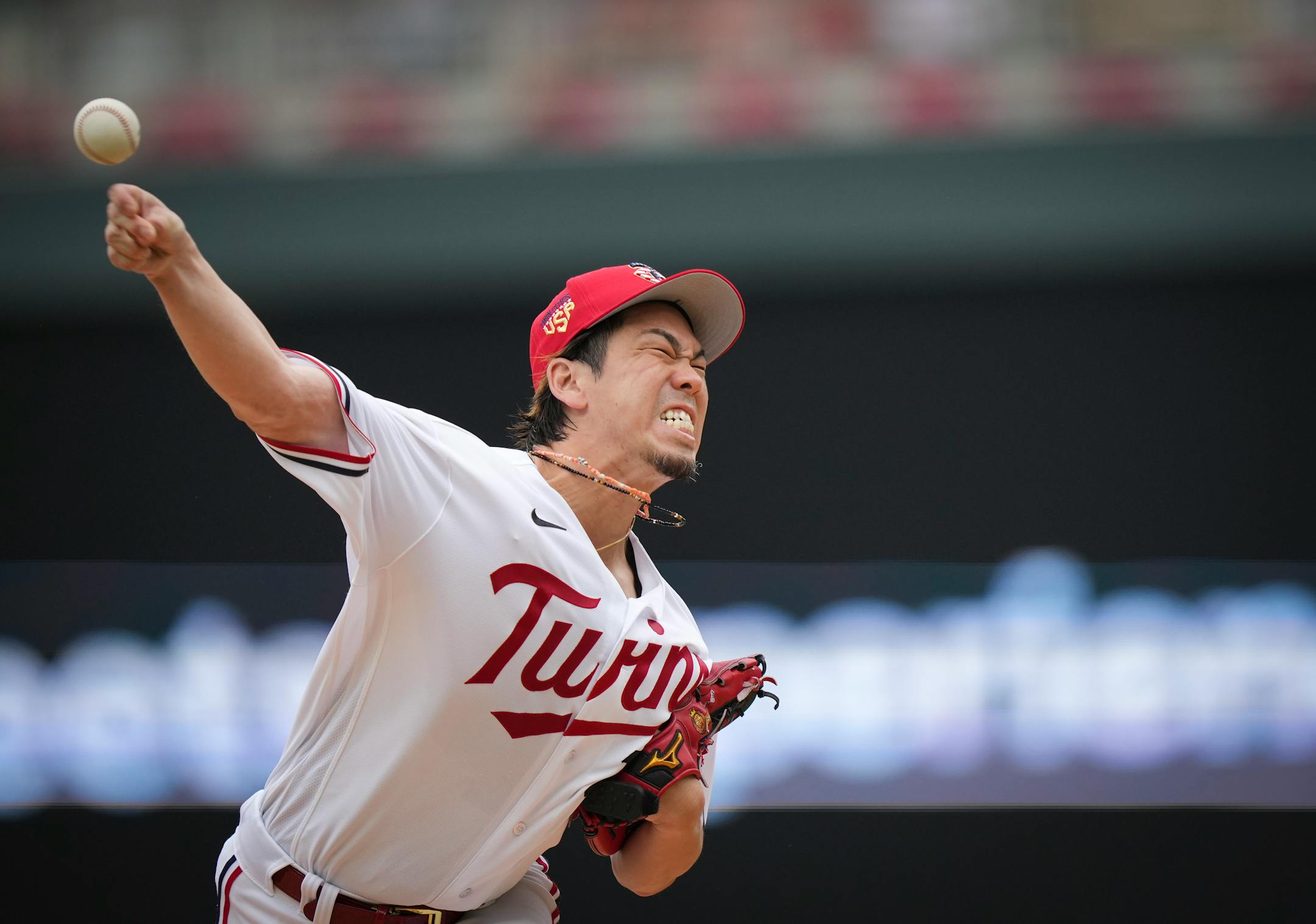 Minnesota Twins starting pitcher Kenta Maeda (18) pitches in the first inning.