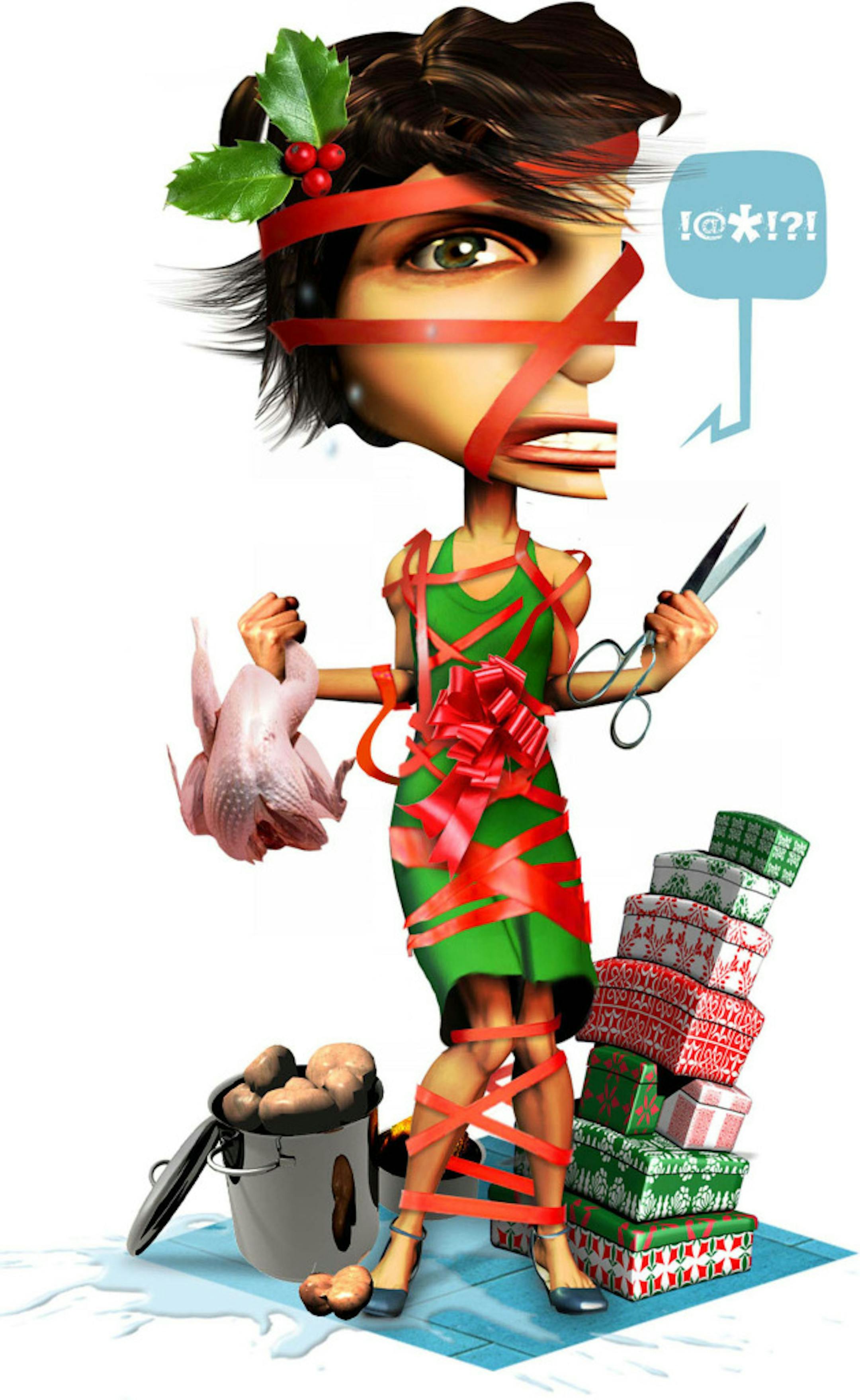 300 dpi Rick Nease color illustration of cursing holiday hostess tied-up in ribbon, clutching raw turkey and scissors next to stack of packages and pot of unpeeled potatoes. Detroit Free Press 2006<p>  holiday stress hostess ribbon tied party parties overwhelmed frustration frustrateed presents turkey potatoes potato scissors holly headache women woman dinner wrapping gifts counseling, krtfeatures features, krthealth, krthome home house, krtmentalhealth mental health, therapy, krtholiday, krtnational national, krtworld world, addiction, alcoholism illustration, christian, krtreligion religion, krtwinter winter, krtxmas christmas xmas ilustracion grabado aspecto aspectos navidad estres mujer pavo regalo regalos fiesta hogar cocina cocinar cena anfitriona tijeras papa patata, 2006, krt2006, krt, mctillustration, de contributed coddington nease mct mct2006