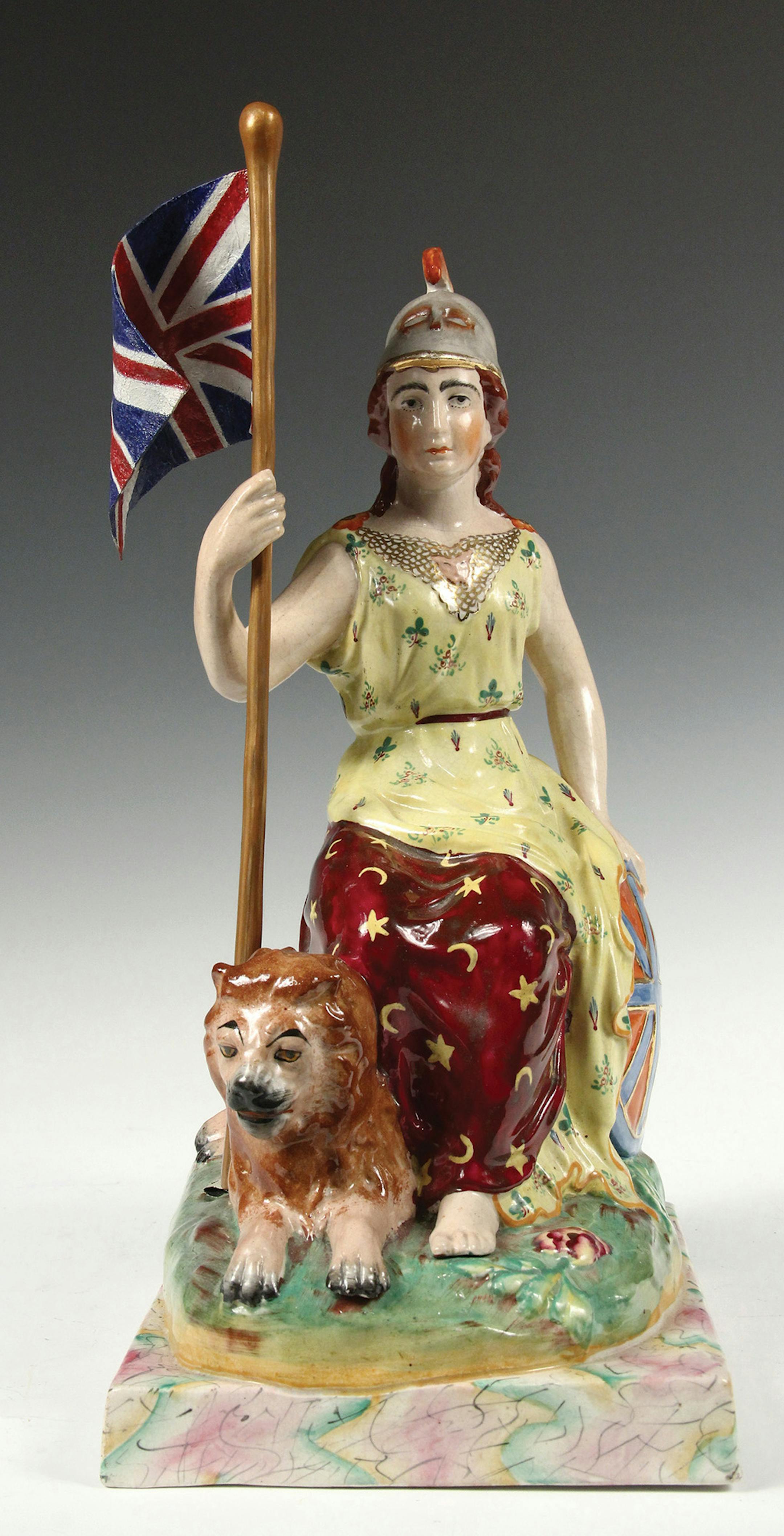 Many figures of Britannia were made with a bright-yellow dress as well as the helmet, spear and lion. She represents unity, liberty and national pride. This figure, 11 inches high by 8 inches wide, sold at auction for $586.
(c) 2019 by Cowles Syndicate Inc.