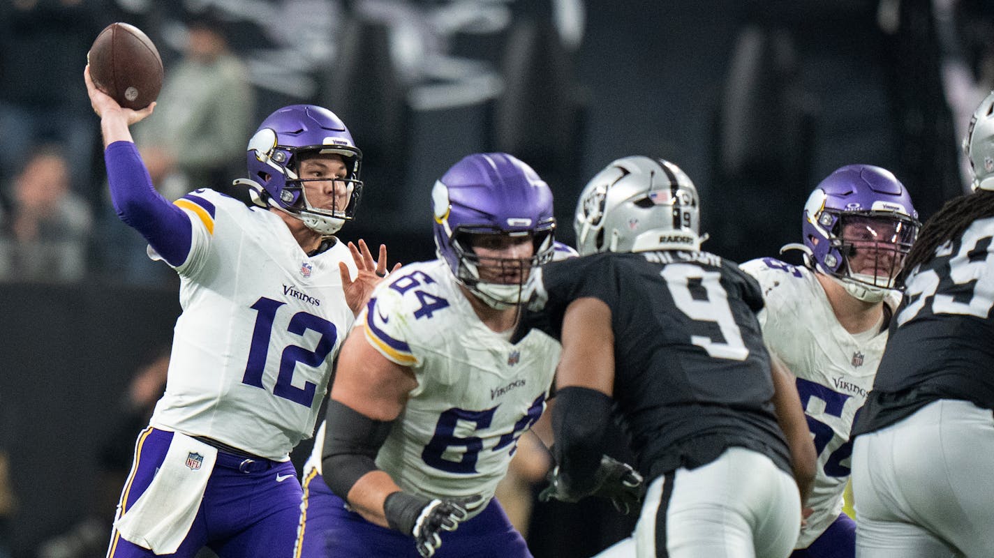 Minnesota Vikings quarterback Nick Mullens (12) followed through on a fourth quarter pass Sunday December ,10 ,2023 in,Las Vegas, Nev. ] JERRY HOLT • jerry.holt@startribune.com