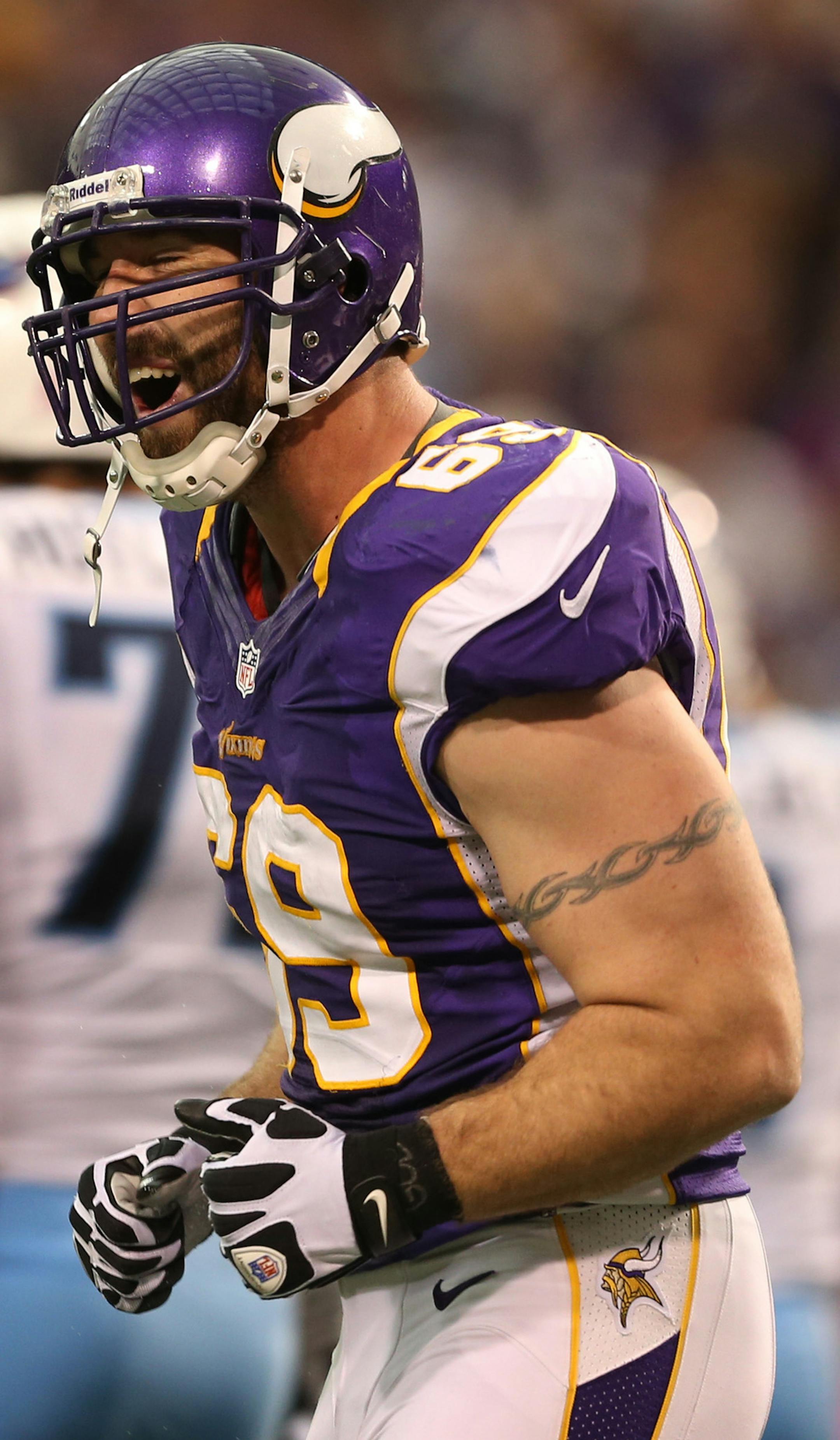 Minnesota Vikings defensive end Jared Allen (69)reacted after sacking Tennessee Titans quarterback Matt Hasselbeck (8) during NFL actions between the Tennessee Titans @ Minnesota Vikings Sunday October 07, 2012, at Mall of America Field in Minneapolis , MN.] Jerry Holt/ STAR TRIBUNE.COM) ORG XMIT: MIN1210071702392064