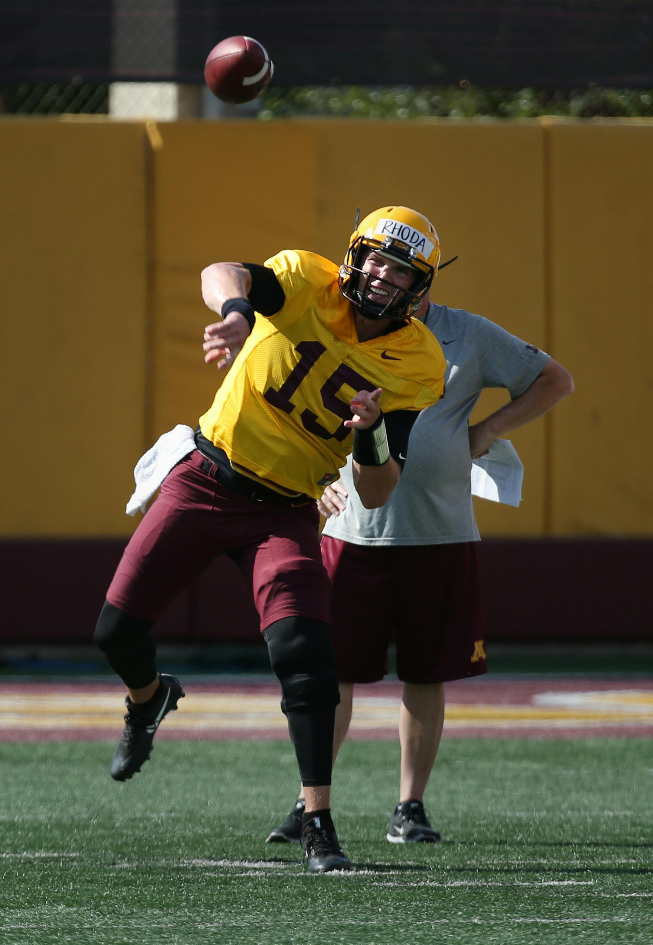 Quarterback Conor Rhoda during practice.] Shari L. Gross &#xef; sgross@startribune.com University of Minnesota Gophers football practice shot Friday, August 11, 2017.