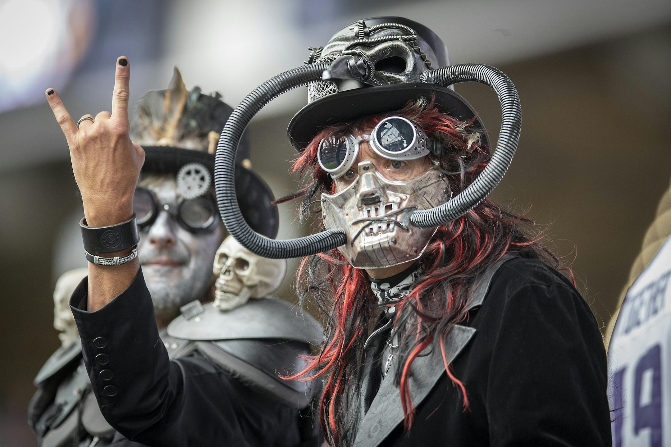 Raiders fans stand out in the stands as the Vikings took on the Raiders. ] ELIZABETH FLORES • liz.flores@startribune.com – Minneapolis, MN – September 22, 2019, U.S. Bank Stadium, NFL, Minnesota Vikings vs. Oakland Riders