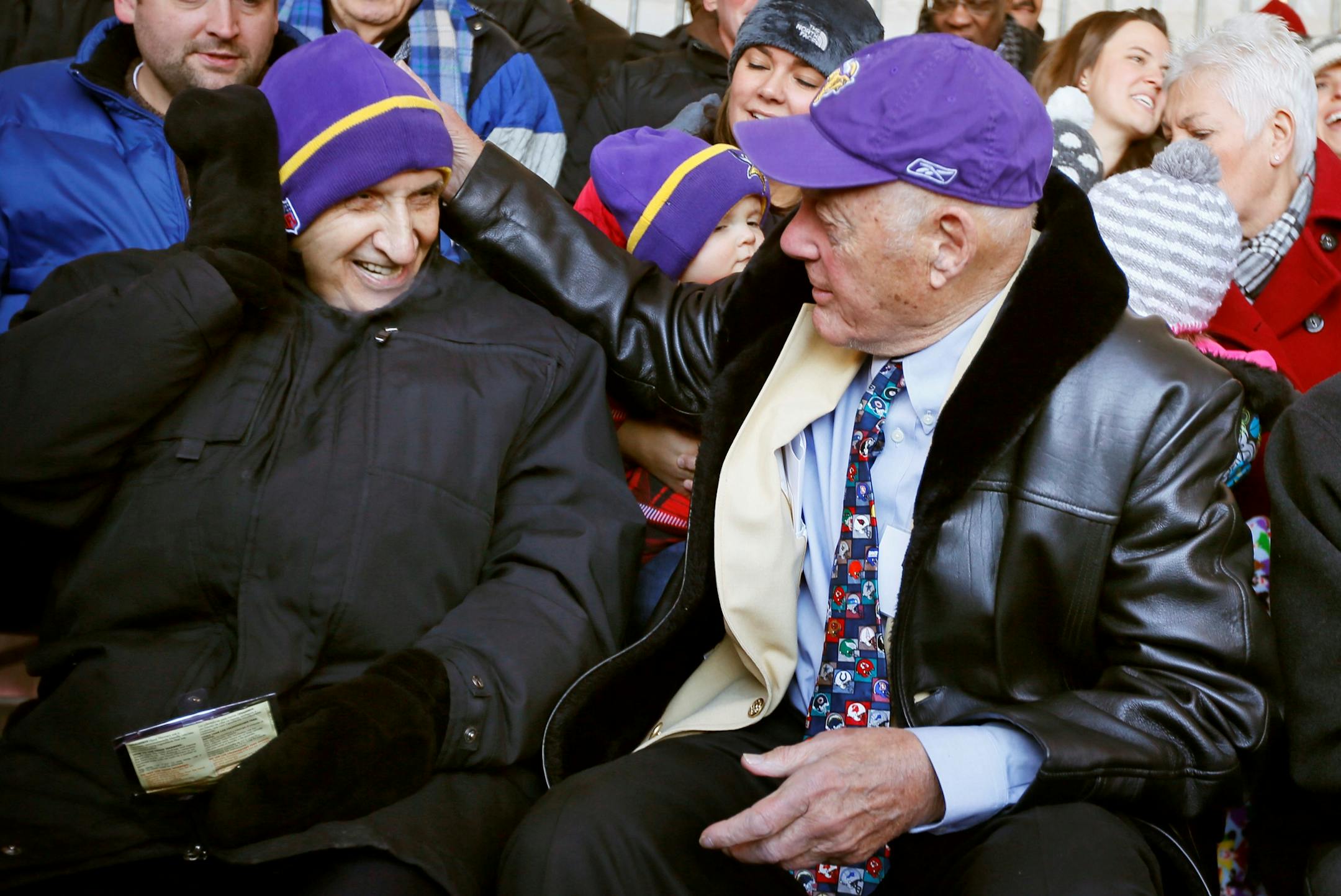 Star Tribune columnist Sid Hartman left, former Vikings coach Bud Grant, and former Vikings linebacker Matt Blair attended a ceremony were a street was dedicated honor Bud Grant near the new Vikings stadium December 1, 2014 in Minneapolis, MN. ] Jerry Holt Jerry.holt@startribune.com ORG XMIT: MIN1412011537341186
