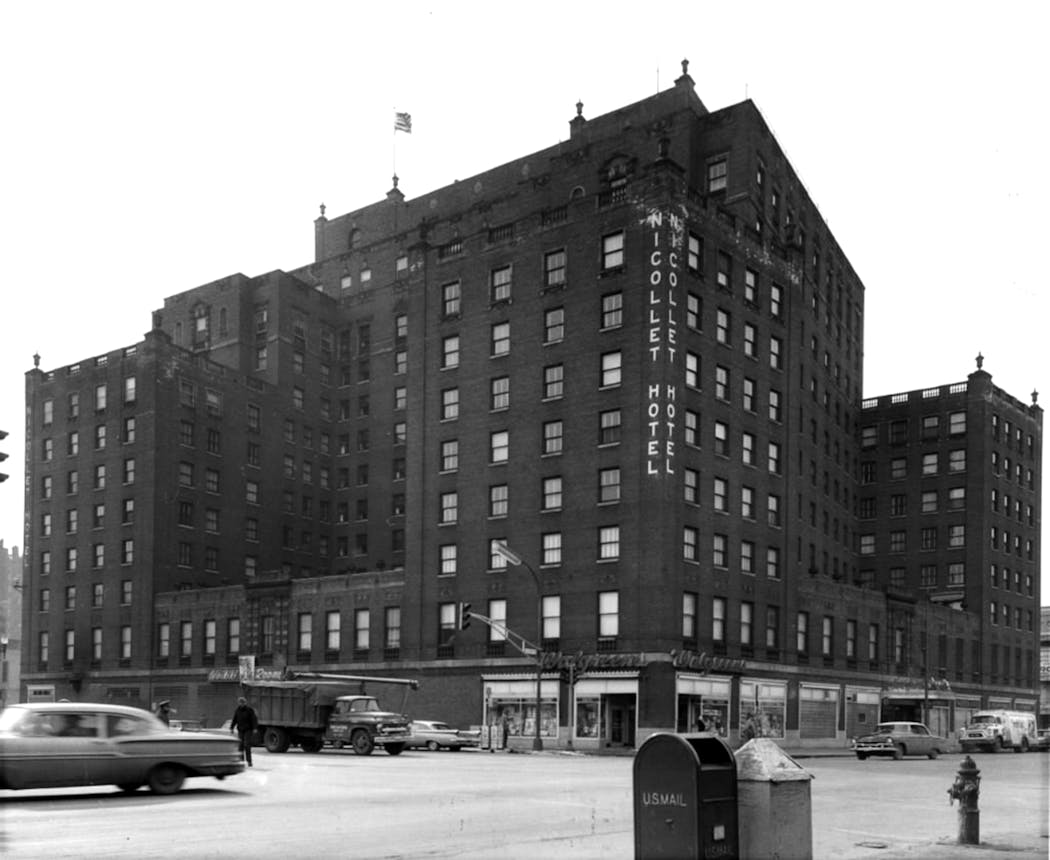 The Nicollet Hotel, at Hennepin and Washington avenues, in 1960. The 600-room hotel, built in 1924, was designed by the Chicago architectural firm Holabird and Roche and demolished in 1991.
