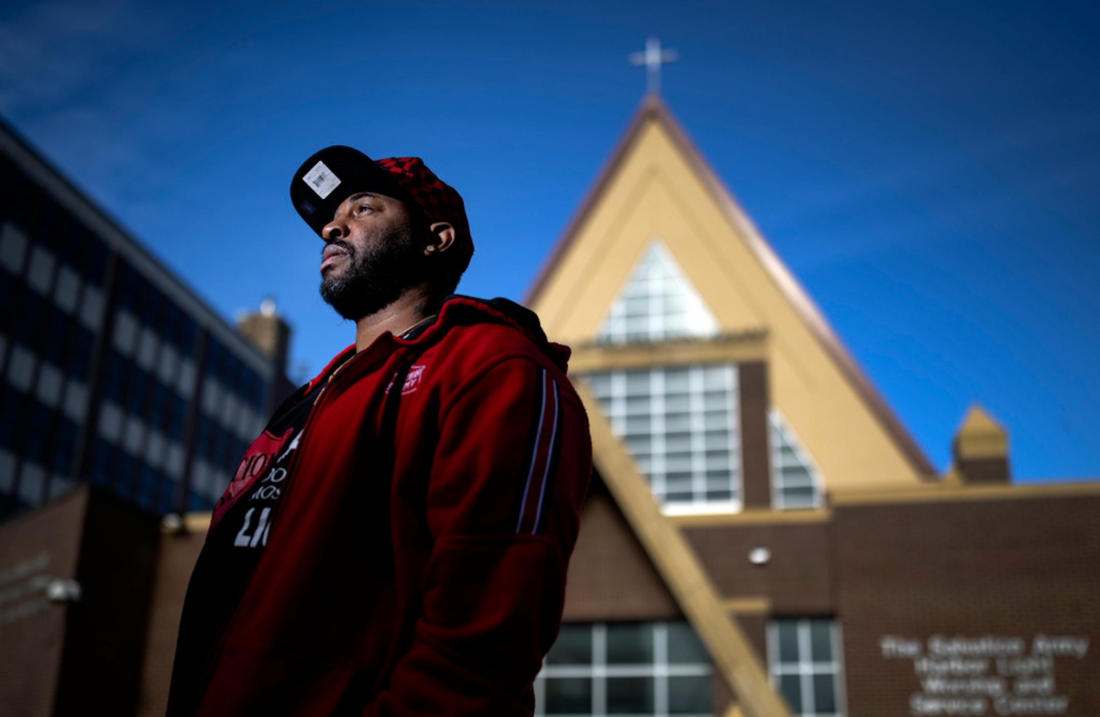 Aubrey Rhodes posed for a portrait outside of the Salvation Army Harbor Light Center, Minneapolis where he works security. Rhodes who is originally from Houston, TX now lives in Minnesota and was friend of George Floyd.