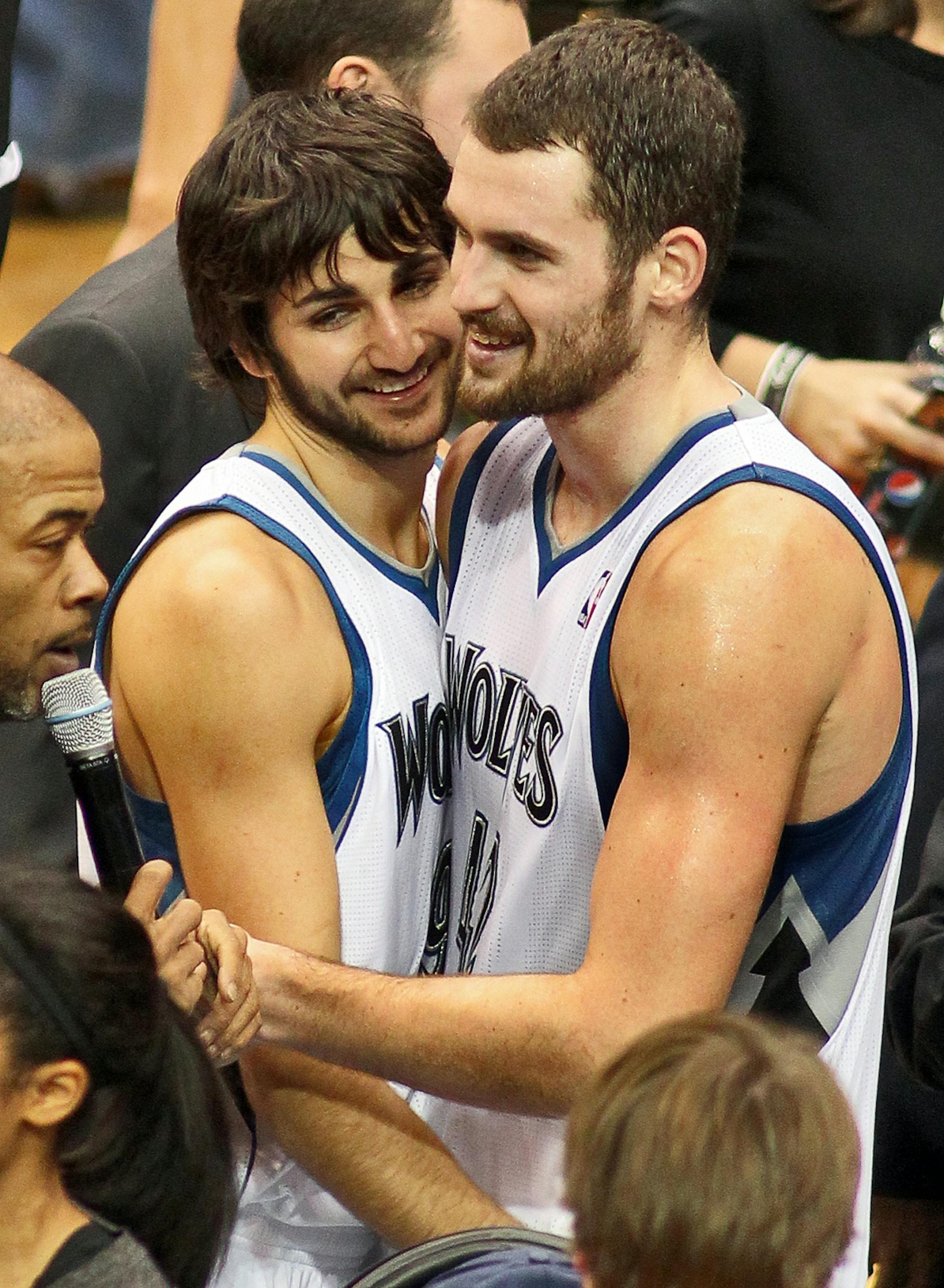 Timberwolves vs. Dallas Mavericks basketball. Wolves won 99-82. Wolves Ricky Rubio, left and Kevin Love celebrated their victory at the end of the game.