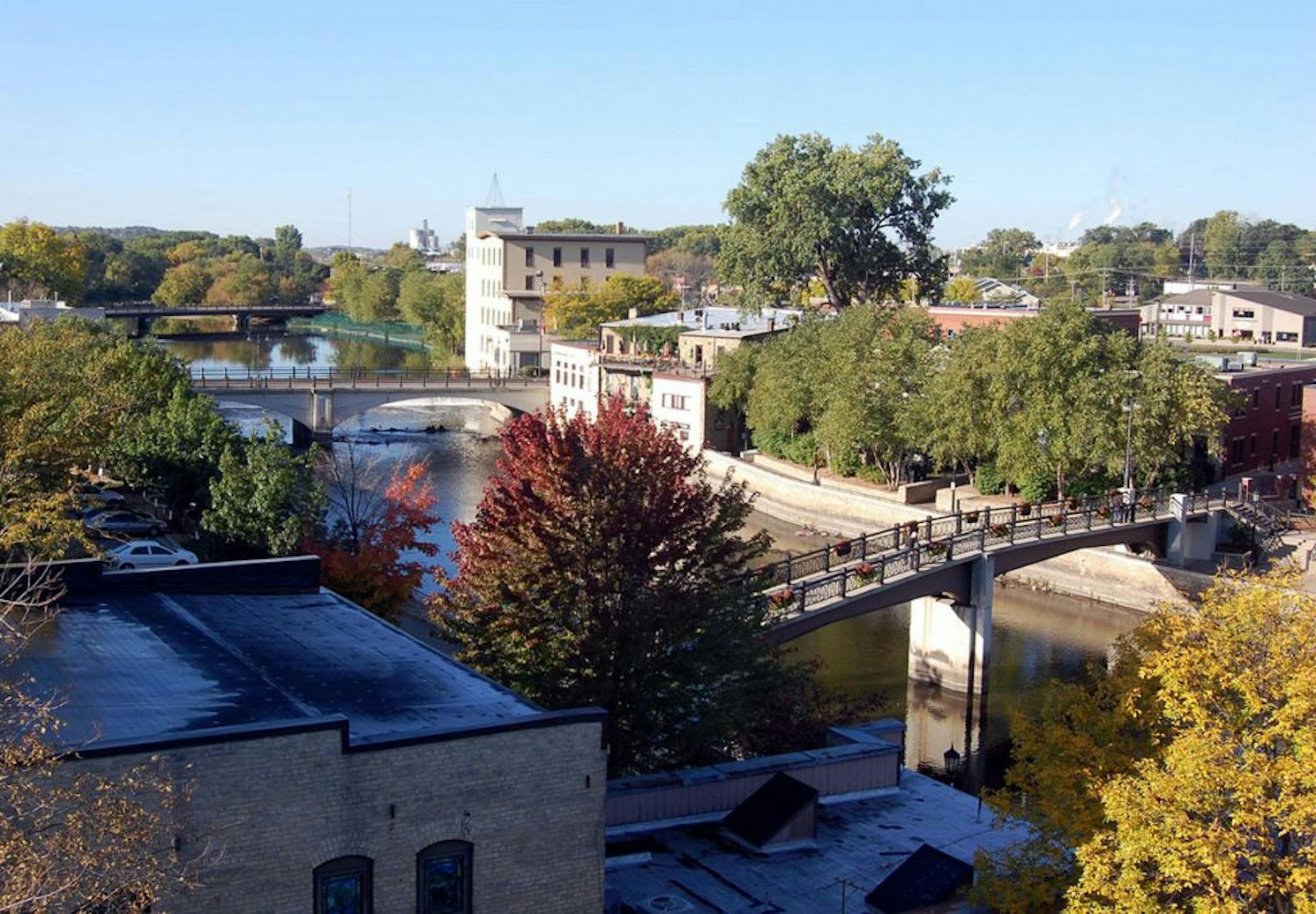 A view from the top of the Archer House River Inn shows the Cannon River and downtown Northfield.
