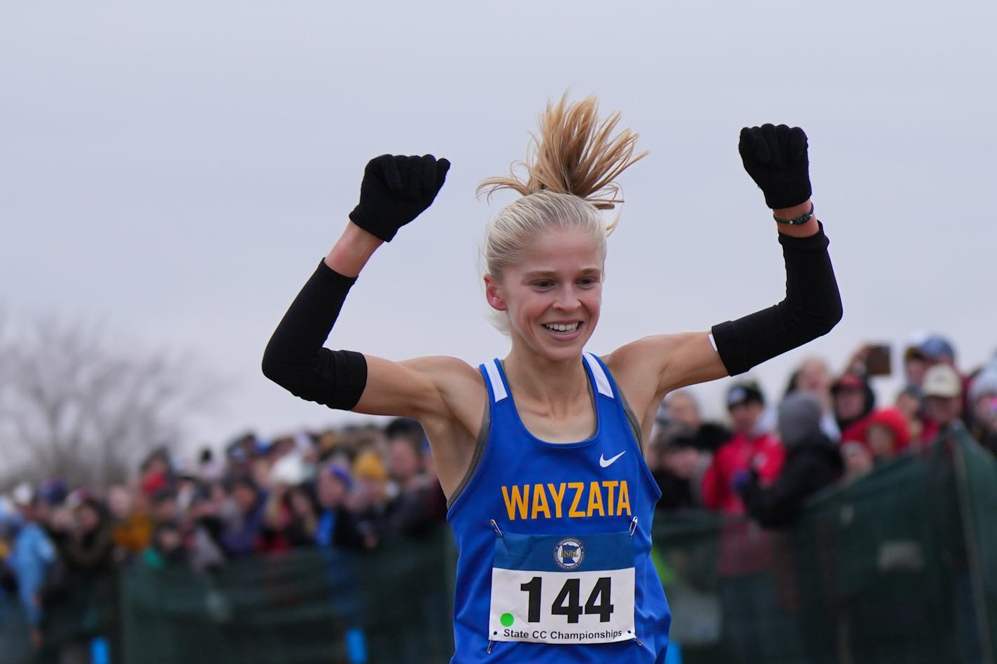 Abbey Nechanicky of Wayzata crosses the finish line with a time of 16:47.61 Saturday, Nov. 5, 2022 Northfield, Minn. Class 3A cross-country state championships. ] GLEN STUBBE • glen.stubbe@startribune.com