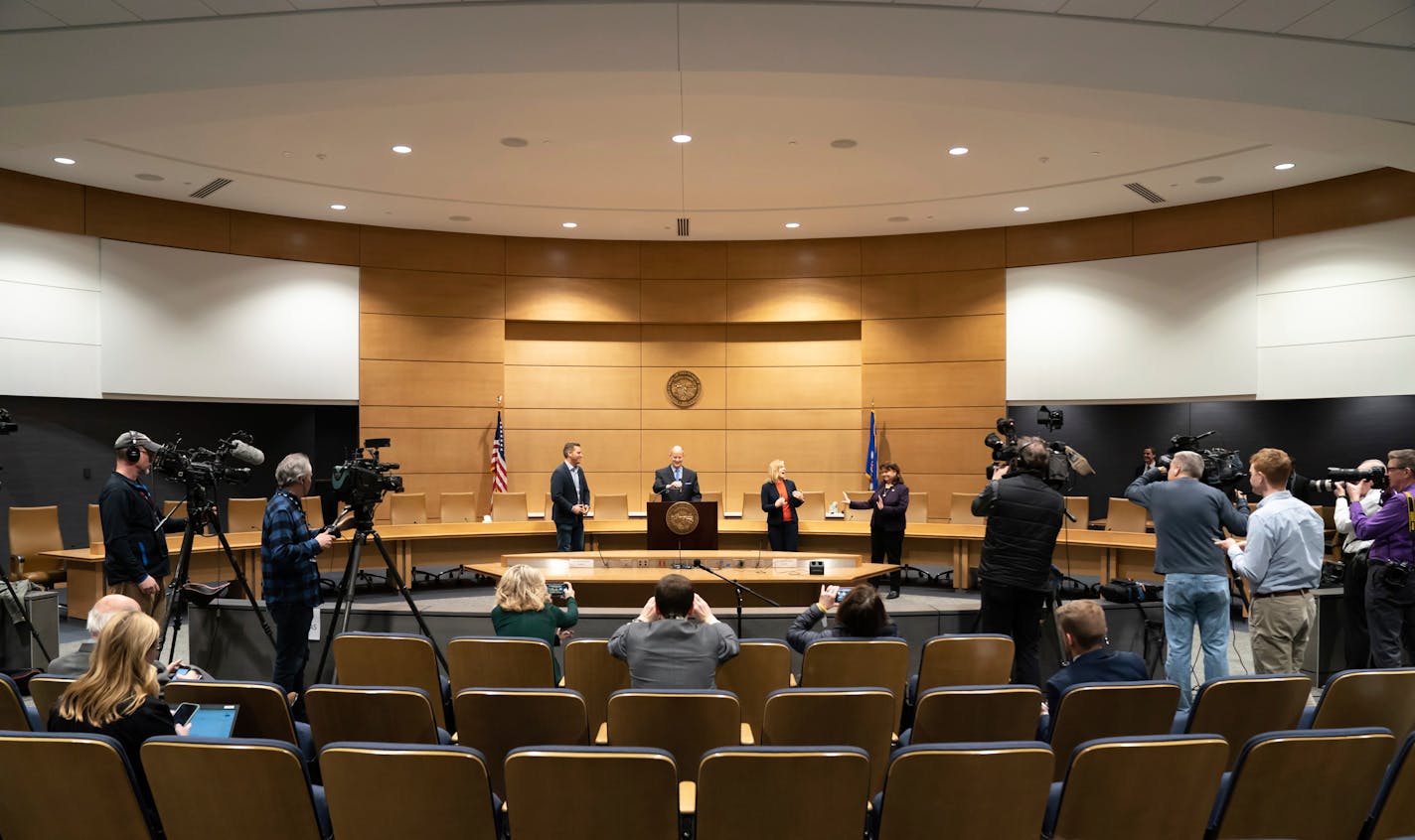 Legislative leaders kept the appropriate social distancing while laying out plans for operations in response to coronavirus and COVID-19 concerns on Monday, March 16, 2020 in St. Paul. From left: House Minority Leader Kurt Daudt, Senate Majority Leader Paul Gazelka, House Speaker Melissa Hortman and Senate Minority Leader Susan Kent.