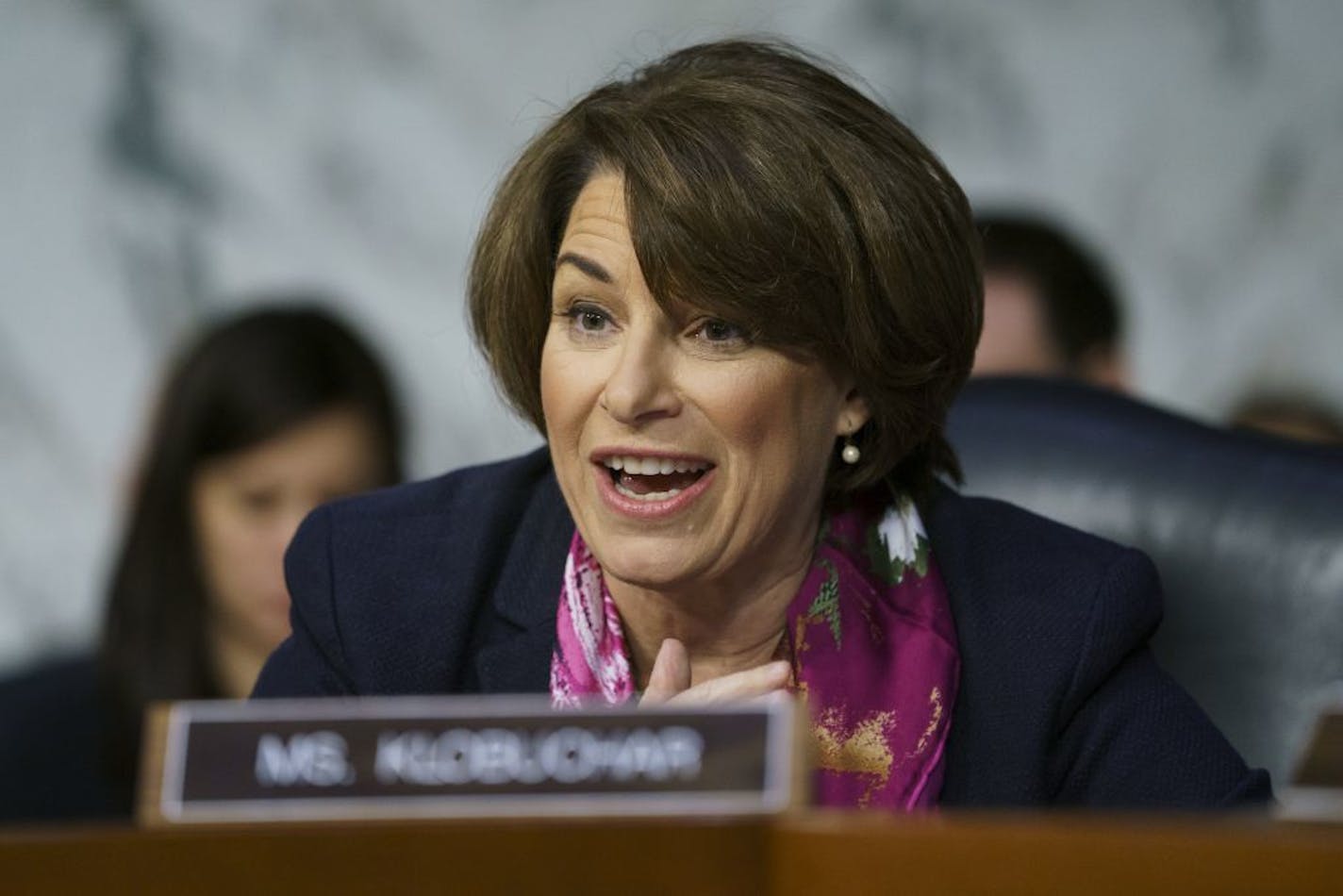 Senate Judiciary Committee member Sen. Amy Klobuchar, D-Minn., questions Attorney General nominee William Barr during a Senate Judiciary Committee hearing on Capitol Hill in Washington, Tuesday, Jan. 15, 2019.