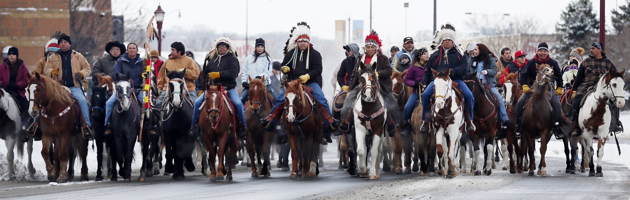Riders arrived in Mankato for the Dakota Wokiksuye Memorial Ride Thursday December 26, 2013 in Mankato ,MN. Dakota Native Americans ride horses from South Dakota 330 miles to Mankato to commemorate the 1862 hanging of 38 braves in Mankato -- the largest mass execution in US History. After the riders come in at 10, they will burn sage, dance and pray and give speeches.] JERRY HOLT ‚Ä¢ jerry.holt@startribune.com