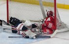 Luverne forward Kamryn Van Batavia (14) crashes in to the net after getting a shot off against Orono goaltender Celia Dahl (30) in the third period at