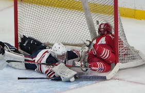 Luverne forward Kamryn Van Batavia (14) crashes in to the net after getting a shot off against Orono goaltender Celia Dahl (30) in the third period at