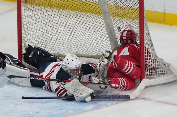 Luverne forward Kamryn Van Batavia (14) crashes in to the net after getting a shot off against Orono goaltender Celia Dahl (30) in the third period at