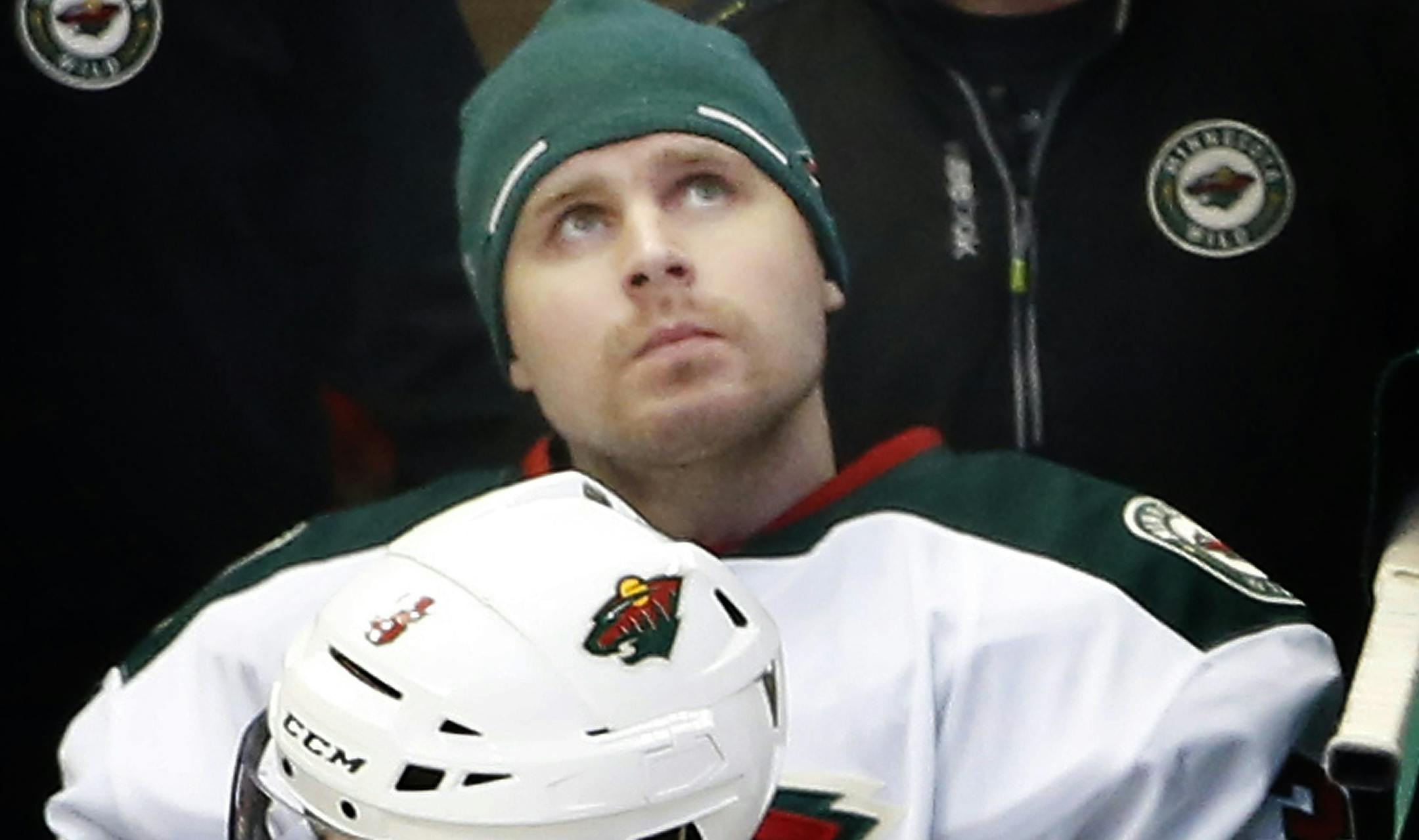 Minnesota Wild goalie Ilya Bryzgalov (30) watched from the bench after being taken out of the game in the second period. ] CARLOS GONZALEZ cgonzalez@startribune.com - April 19, 2014, Denver, Colorado, Pepsi Center, NHL, Minnesota Wild vs. Colorado Avalanche, Stanley Cup Playoffs round 1, Game 2