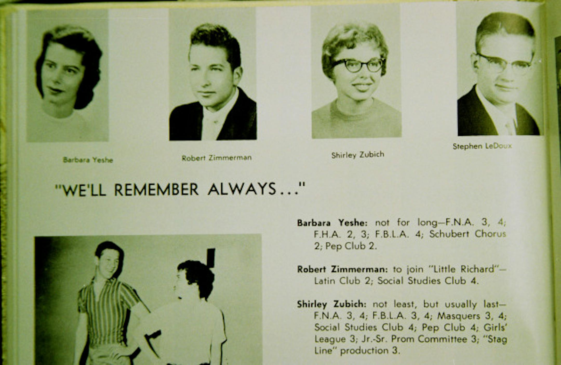 Robert Zimmerman (Bob Dylan) in the 1959 Hibbing High School year book. Which is under lock and key in the school Library.