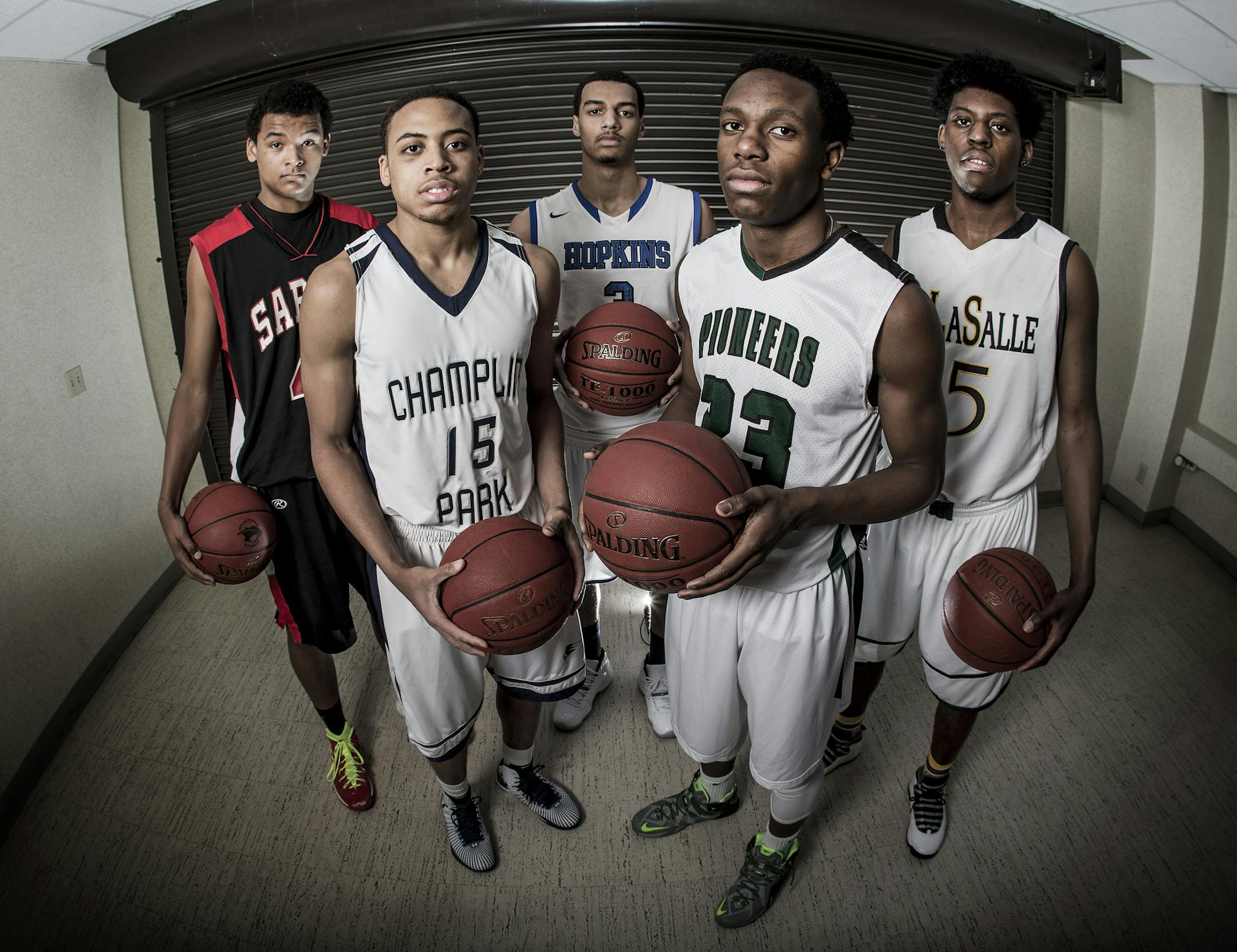 The All-Metro boys' basketball team: Steffon Mitchell of Shakopee, J.T. Gibson of Champlin Park, John Warren of Hopkins, Marshawn Wilson of Hill-Murray and Sacar Anim of DeLaSalle.