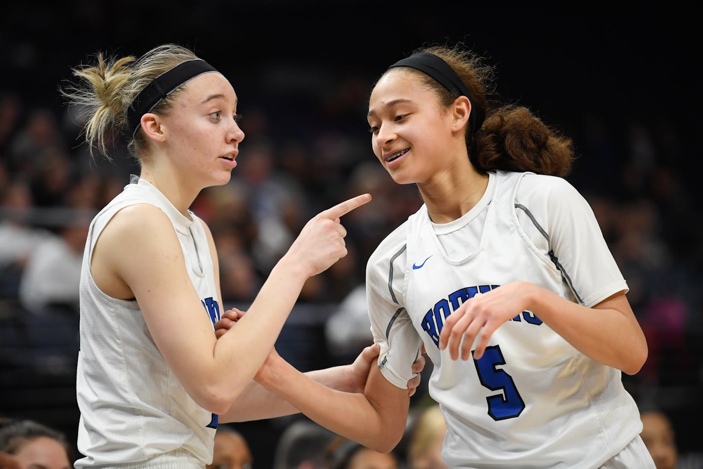 Hopkins guard Paige Bueckers (1) and guard Amaya Battle.