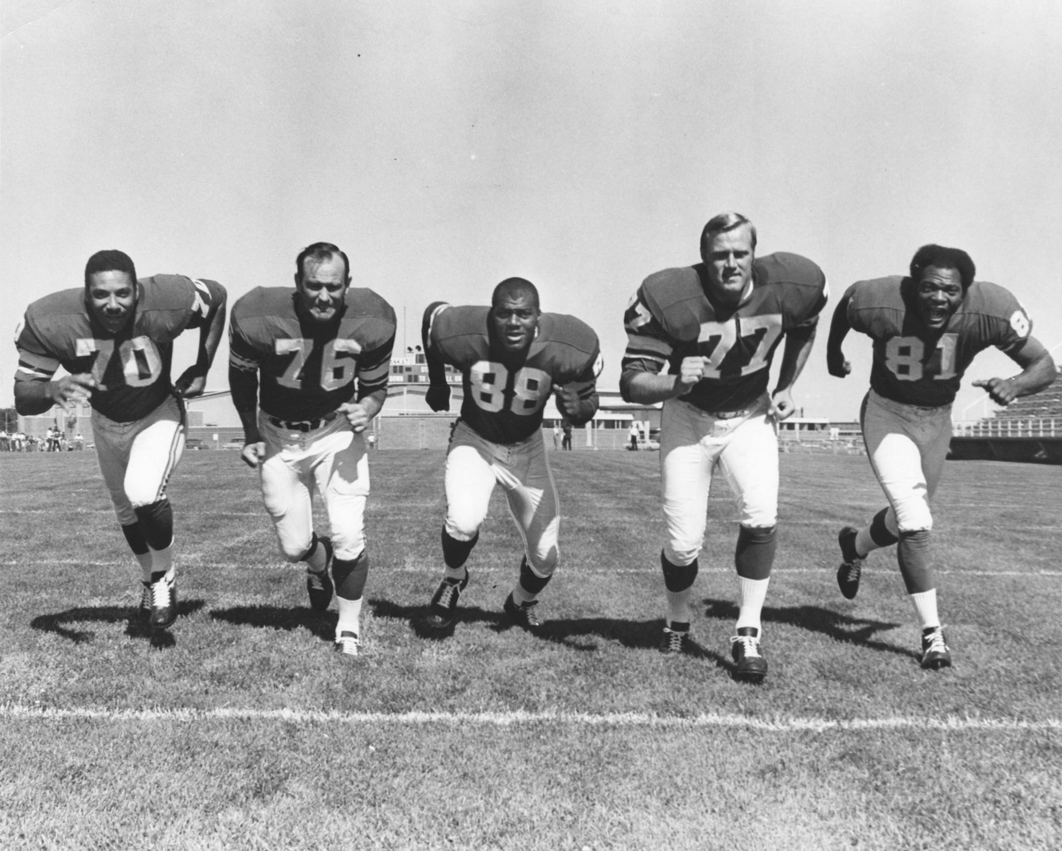 August 1969 Minneapolis Star Photo by Jack Gillis of members of the Minnesota Vikings football team's defensive line.  L to R: Jim Marshall, Paul Dickson, Alan Page, Gary Larsen and Carl Eller.  Marshall, Page, Larsen and Eller later became known as the Purple People Eaters.  Star Tribune file photo is stamped Aug. 14, 1969, ran Aug. 23, 1969. ORG XMIT: MIN2013022612312632