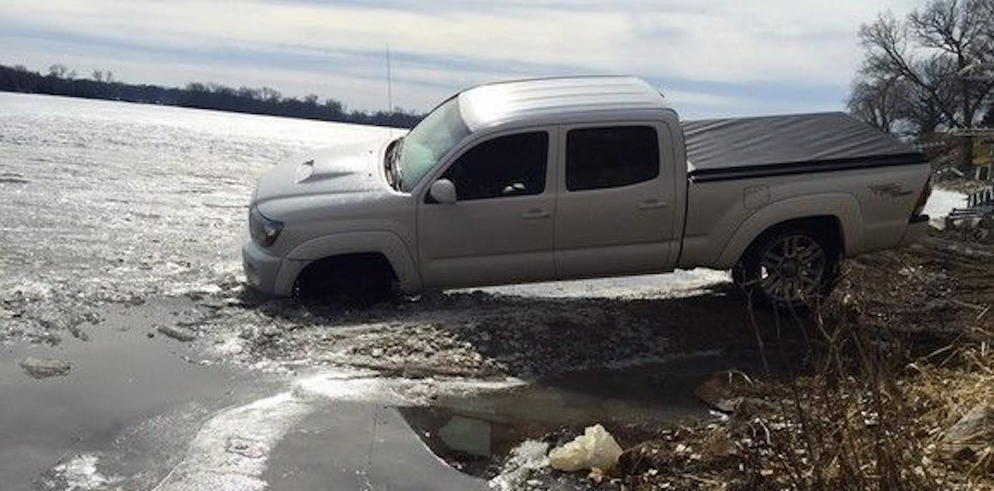 This truck became stuck on the ice on Phelps Bay in Lake Minnetonka on Thursday, Feb. 16.