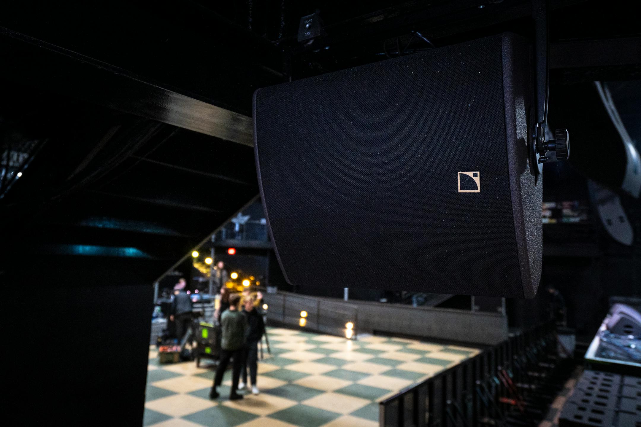 One of First Avenue's brand new speakers hangs from the ceiling before the Ike Reilly Assassination's sound check before their annual Thanksgiving Eve show in Minneapolis, Minn. on Wednesday, Nov. 22, 2023. This is the venue's first sound system overhaul in over a decade and Reilly's band will be the first to perform with them. ] Angelina Katsanis • angelina.katsanis@startribune.com