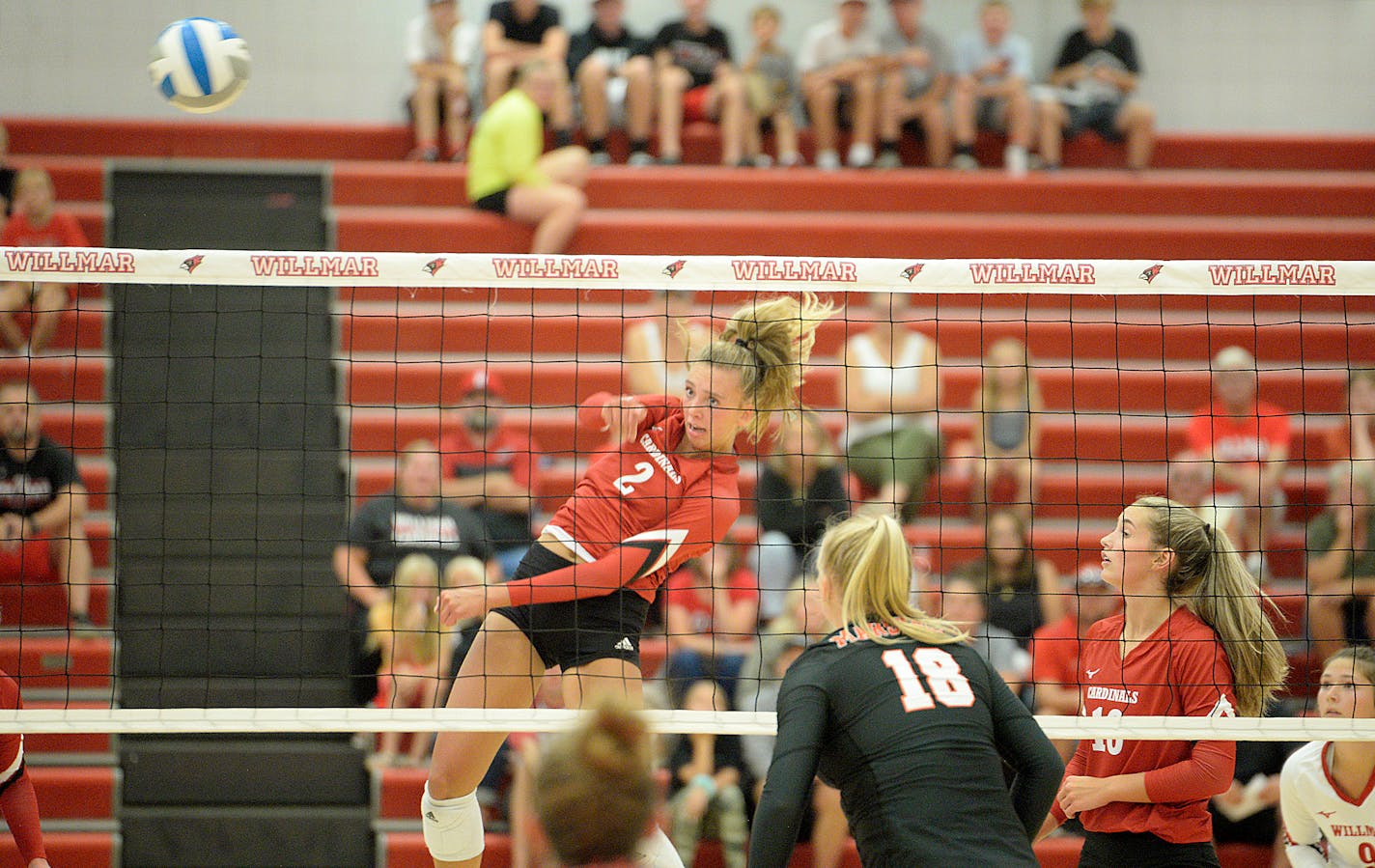 Willmar senior Sydney Schnichels looks on after attacking the ball during a non-conference match against Marshall on Thursday, Aug. 25, 2022 at the Big Red Gym at Willmar High School.