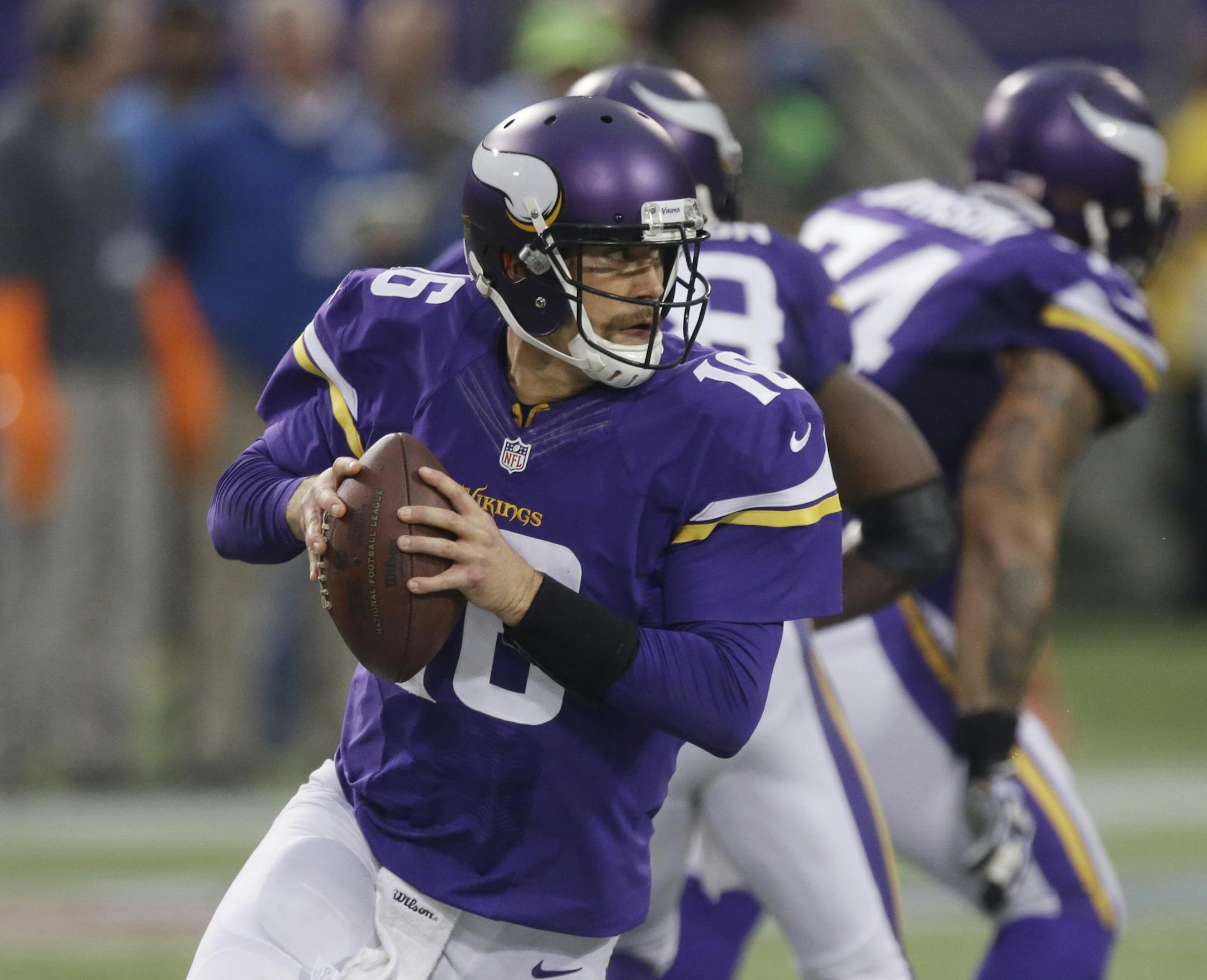 In this Dec. 1, 2013 photo, Minnesota Vikings quarterback Matt Cassel looks to throw a pass during the second half of an NFL football game against the Chicago Bears in Minneapolis. Cassel took over for quarterback Christian Ponder, after Ponder took a hit to the head late in the second quarter during a rushed third-down throw. (AP Photo/Jim Mone)