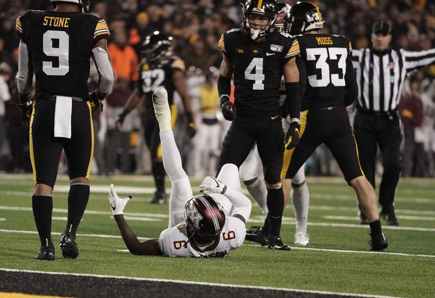 Minnesota Gophers wide receiver Tyler Johnson (6) took a late hit in the third quarter resulting in an unsportsmanlike conduct penalty, which was offset by another unsportsmanlike conduct penalty after head coach P.J. Fleck rushed onto the field. ] MARK VANCLEAVE &#xa5; The Minnesota Gophers played the Iowa Hawkeyes at Kinnick Stadium on 16, 2019 in Iowa City.