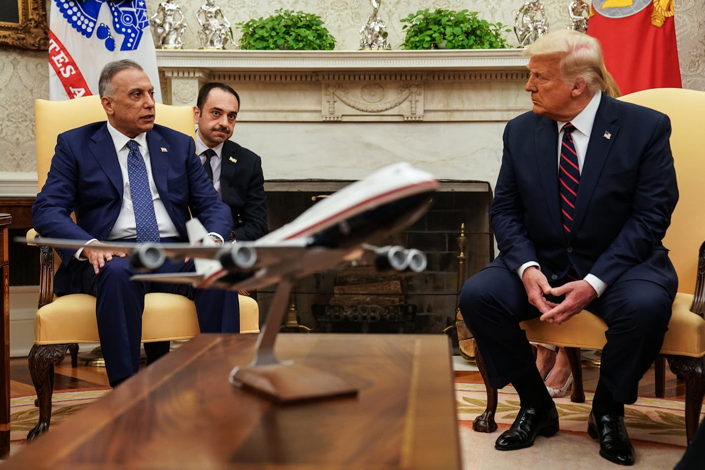 In this file photo, U.S. President Donald Trump (R) hosts Iraqi Prime Minister Mustafa Al-Kadhimi in the Oval Office at the White House August 20, 2020 in Washington, DC. With its central geography abutting Turkey, Iran, the Gulf, and Jordan, Iraq could provide an anchor in an increasingly chaotic region, and a hedge against renewed terrorism from any quarter (including Iran). (Anna Moneymaker-Pool/Getty Images/TNS) ORG XMIT: 1770846