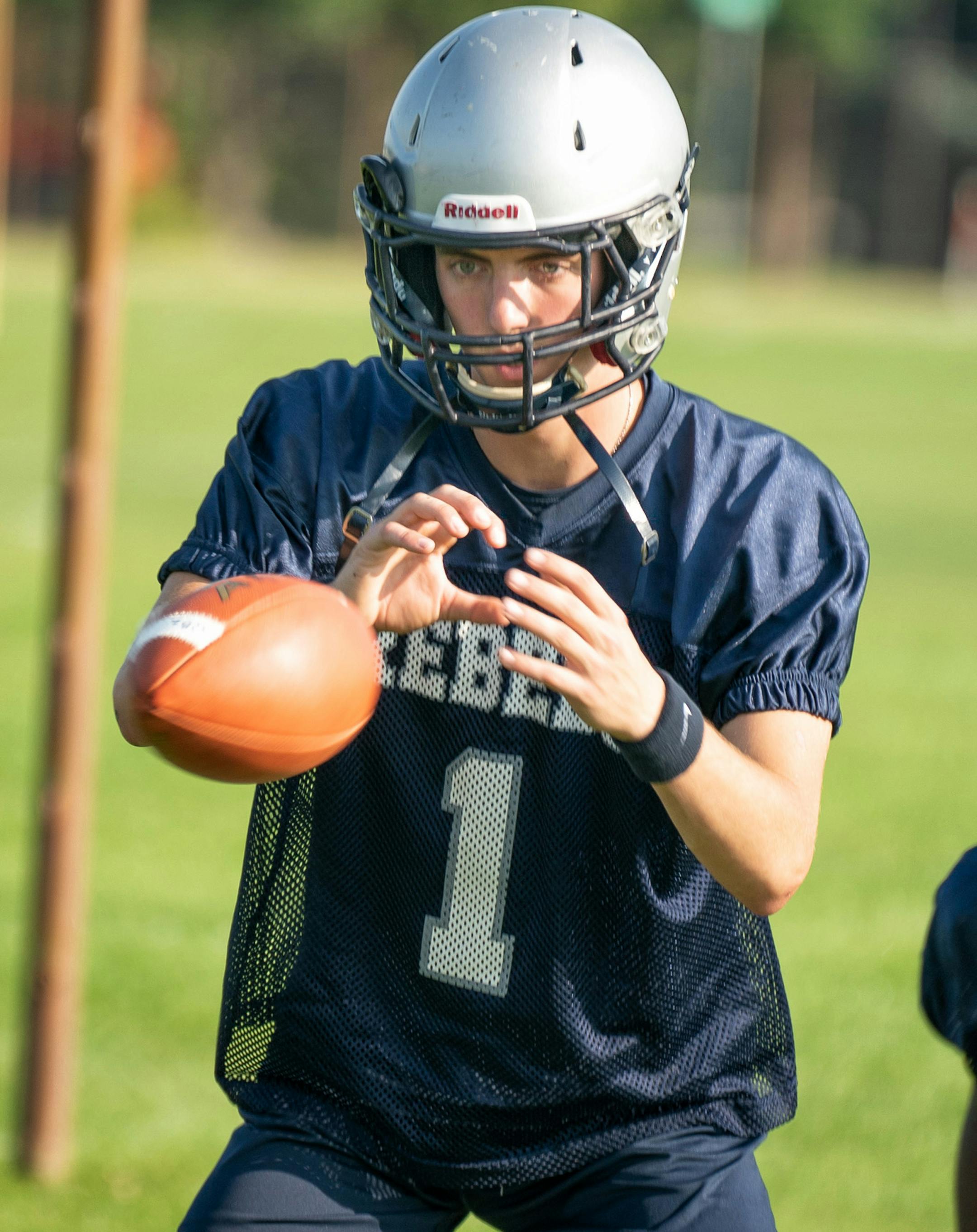 Champlin Park's quarterback Bennett Otto at the team's first practice. ] GLEN STUBBE ï glen.stubbe@startribune.com Monday, August 13, 2018 Champlin Park's first official practice under new head coach Nick Keenan.