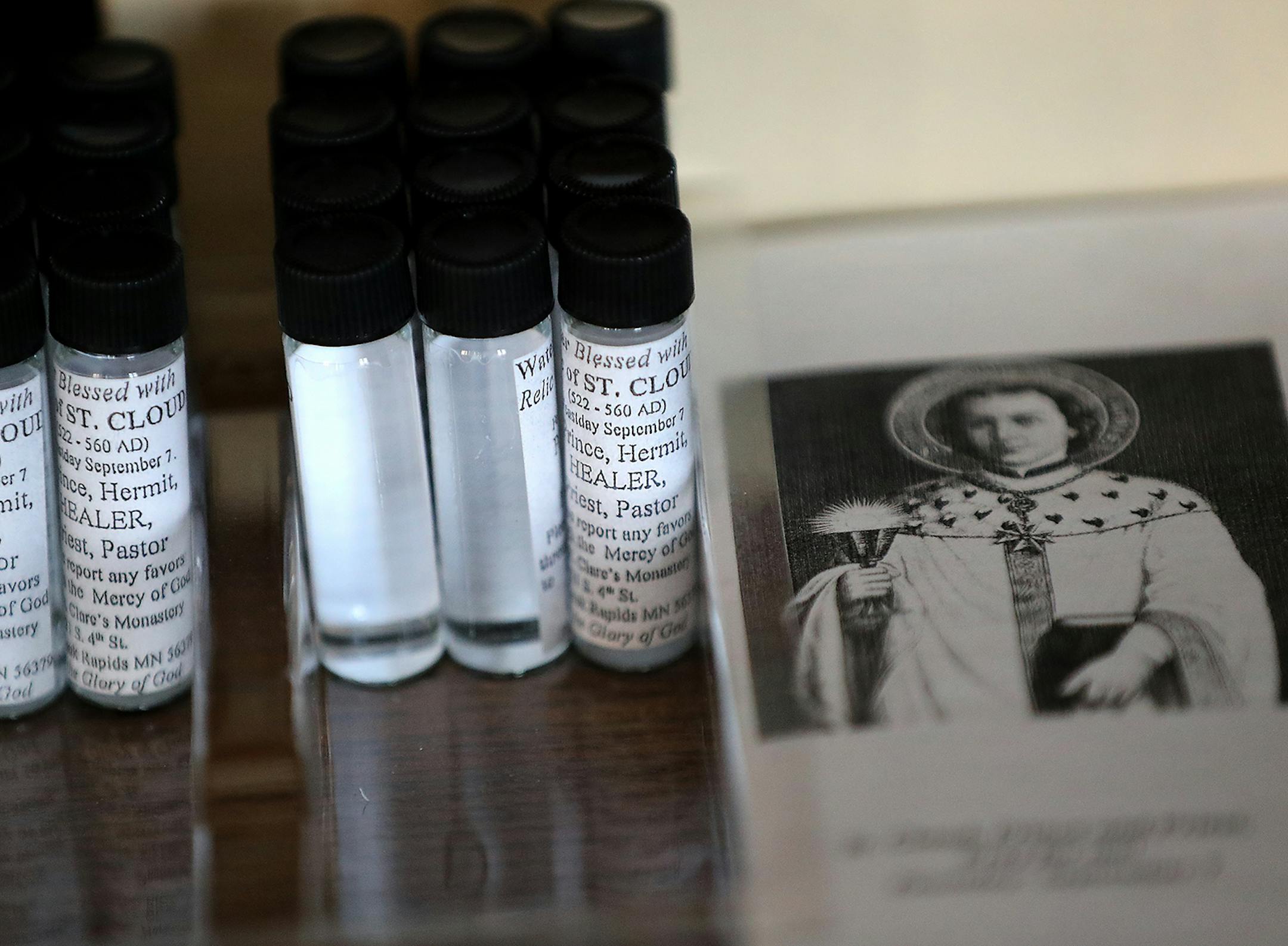 St. Cloud water for healing outside the St. Clare's Monastery Chapel Thursday, April 16, 2020, in Sauk Rapids, MN.. Poor Clare nuns of St. Clare's Monastery nuns met with journalists in the monastery's parlor, the one room where outsiders have partial access to the nuns in a room divided by a metal lattice with a folding wooden divider.