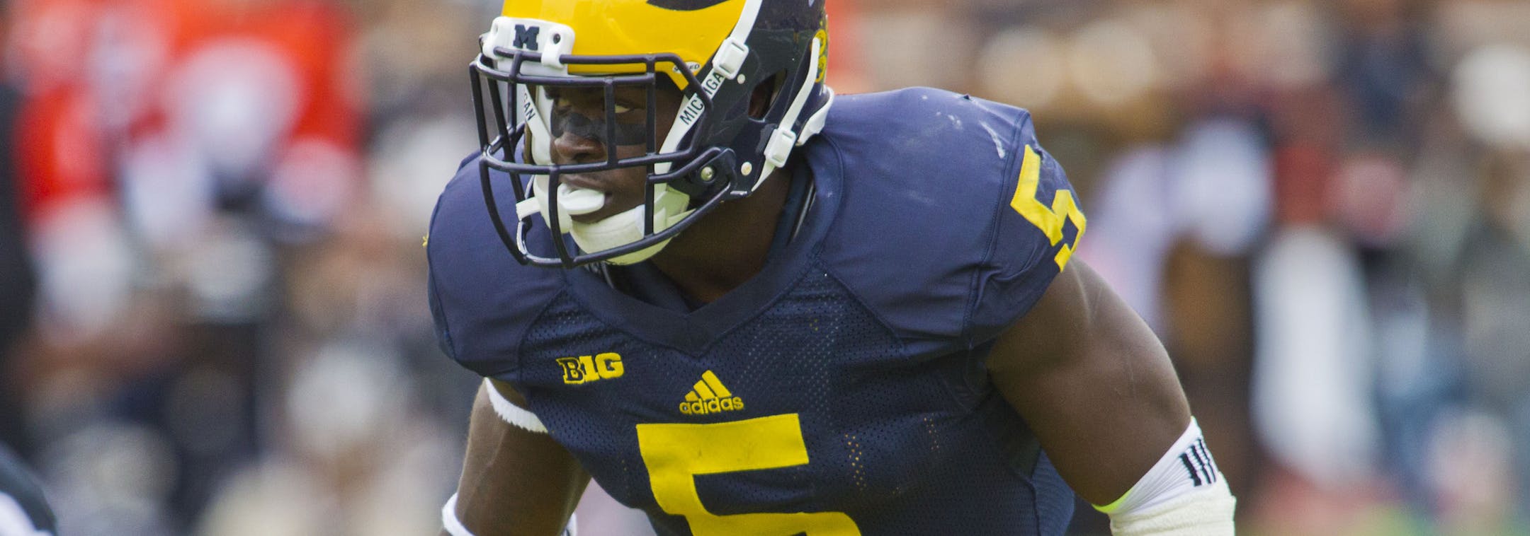 Michigan defensive back Jabrill Peppers (5) lines up between downs in the second quarter of an NCAA college football game against Oregon State in Ann Arbor, Mich., Saturday, Sept. 12, 2015. (AP Photo/Tony Ding)