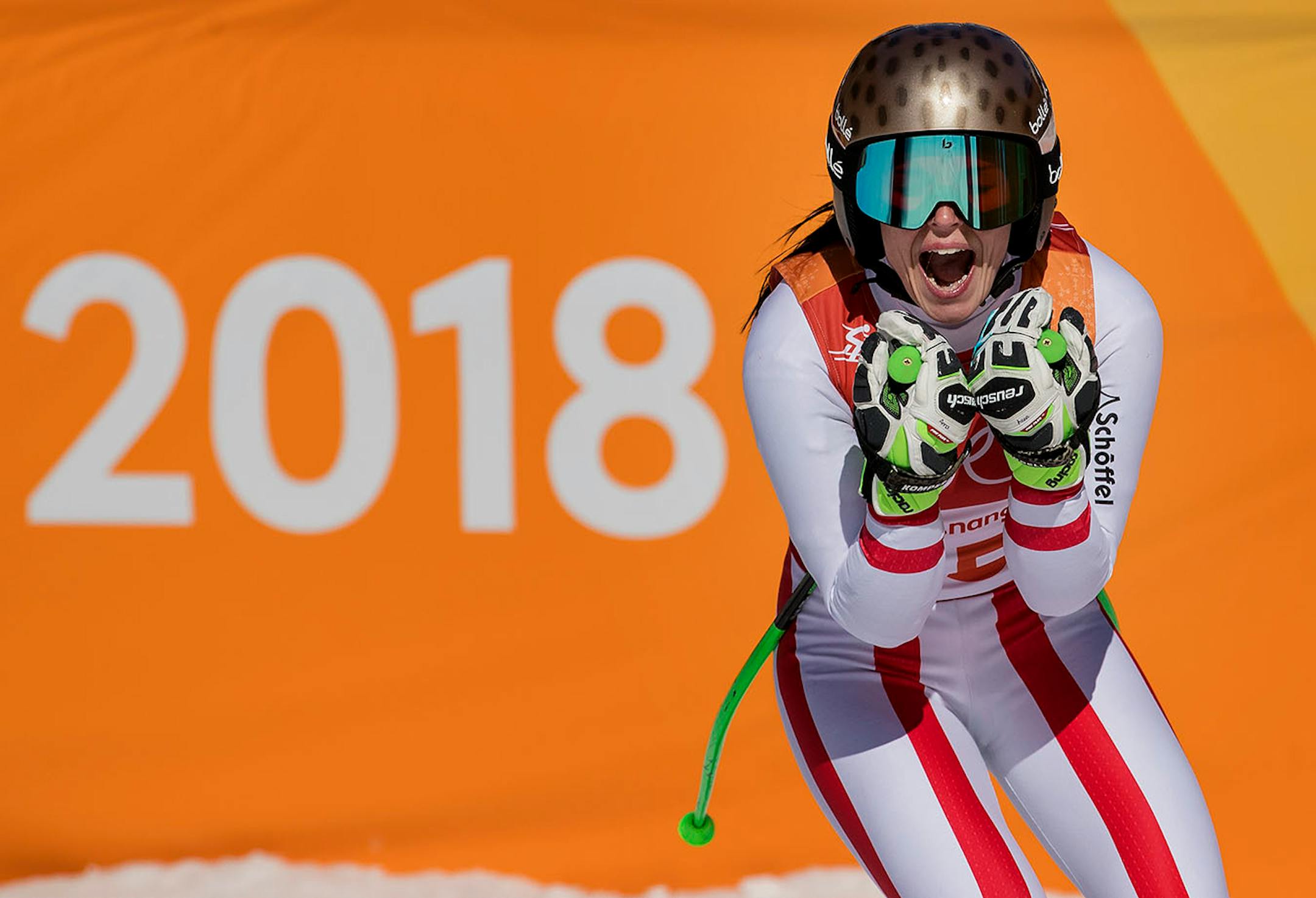 Anna Veith reacted after her run at the women's Super-G at Jeongseon Alpine Centre on Saturday. Veith won the Silver Medal.
