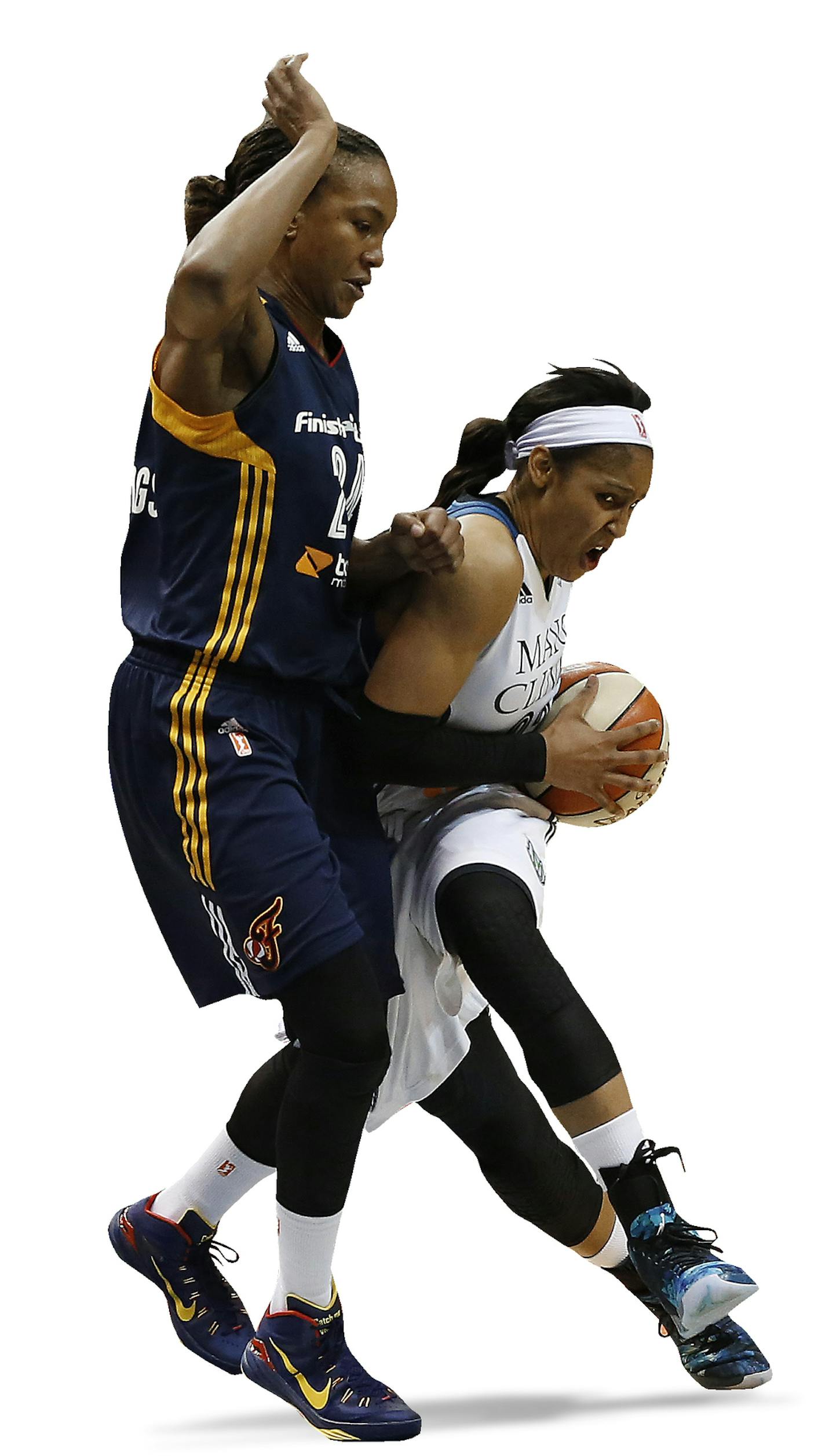 Minnesota Lynx forward Maya Moore (23) drives on Indiana Fever forward Tamika Catchings (24) in the second half of Game 2 of the WNBA basketball finals, Tuesday, Oct. 6, 2015, in Minneapolis. (AP Photo/Jim Mone) ORG XMIT: MNJM10 ORG XMIT: MIN1510131636410373