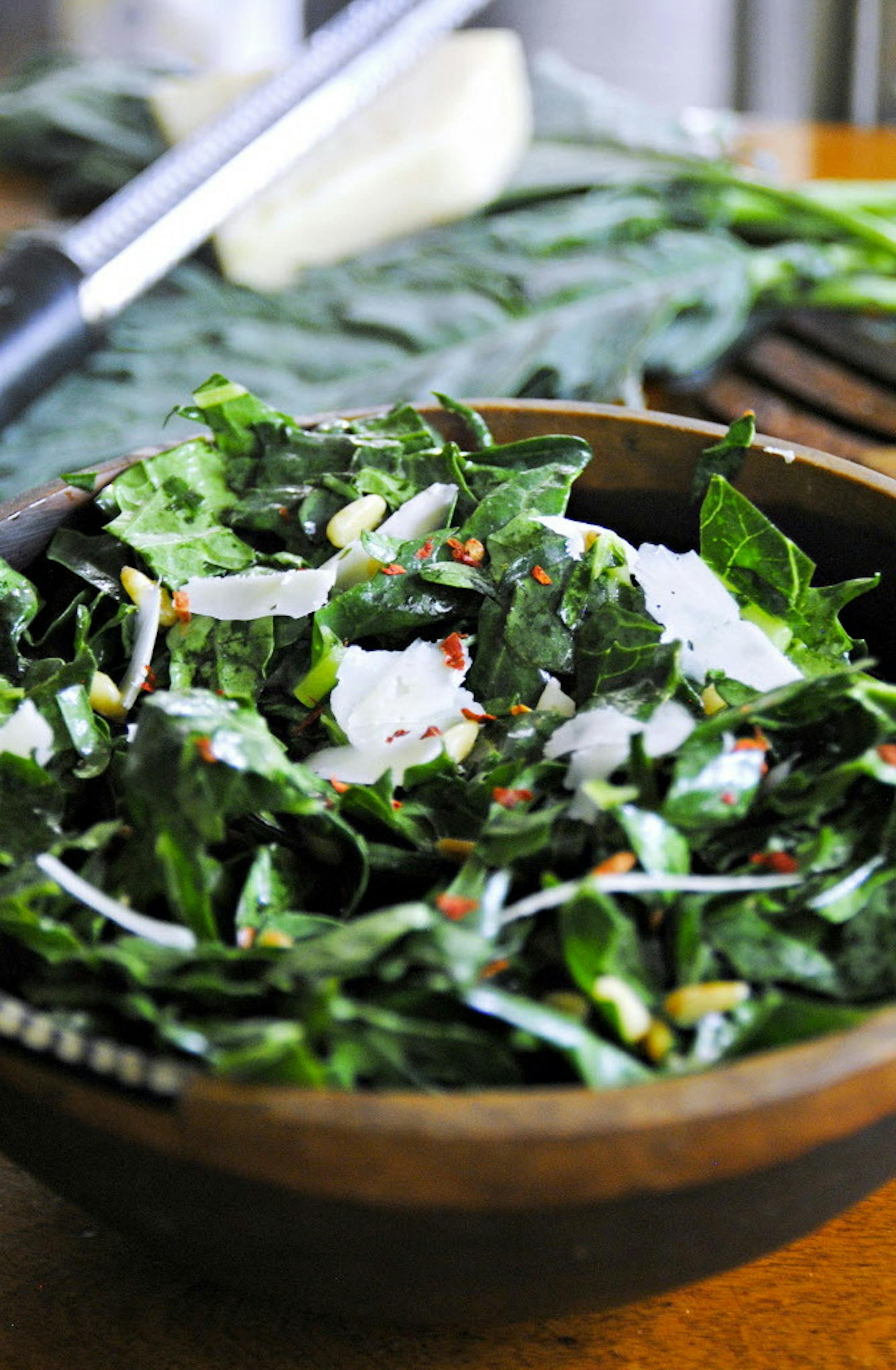 Summer salads have everything going for them. They are fresh, packed with flavor and have contrasting textures, including Kale Salad. (Gretchen McKay/Pittsburgh Post-Gazette/TNS) ORG XMIT: 1169658