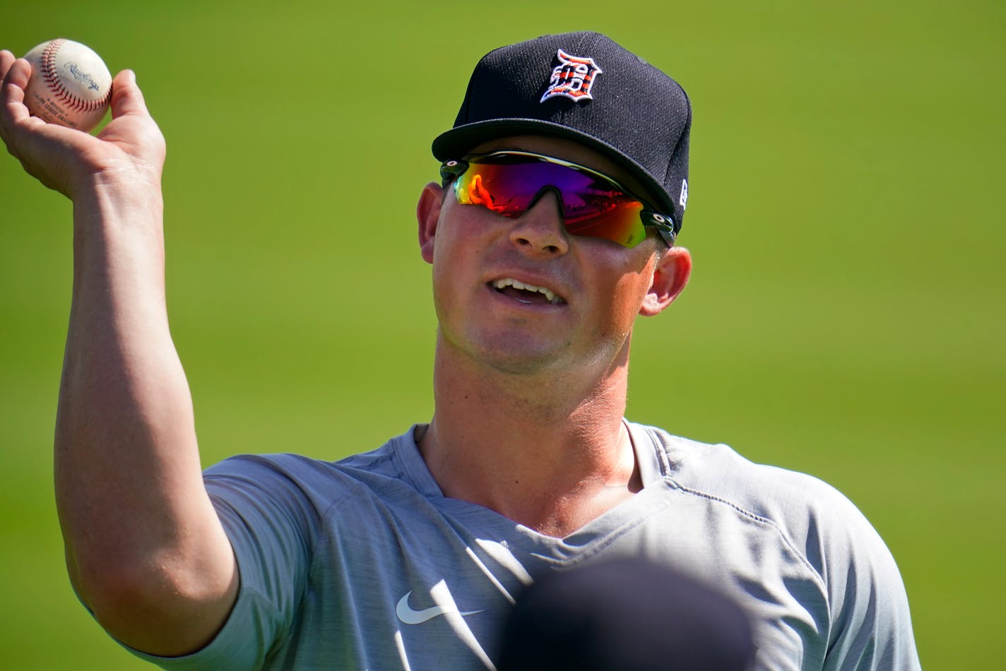 Detroit Tigers' Spencer Torkelson warms up before a spring training exhibition baseball game against the Pittsburgh Pirates at LECOM Park in Bradenton, Fla., Tuesday, March 2, 2021. Torkelson drew a walk. (AP Photo/Gene J. Puskar