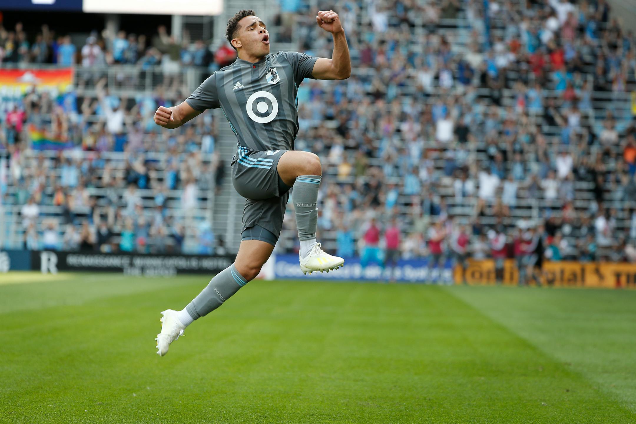 Minnesota United midfielder Hassani Dotson celebrates a goal against the Philadelphia Union in the first half of an MLS soccer match in St. Paul, Minn., Sunday, June 2, 2019. (Leila Navidi/Star Tribune via AP)