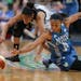 Minnesota Lynx guard Renee Montgomery (21) stole the basketball from San Antonio Stars guard Moriah Jefferson (4) Sunday, June 25, 2017 at Xcel Energy