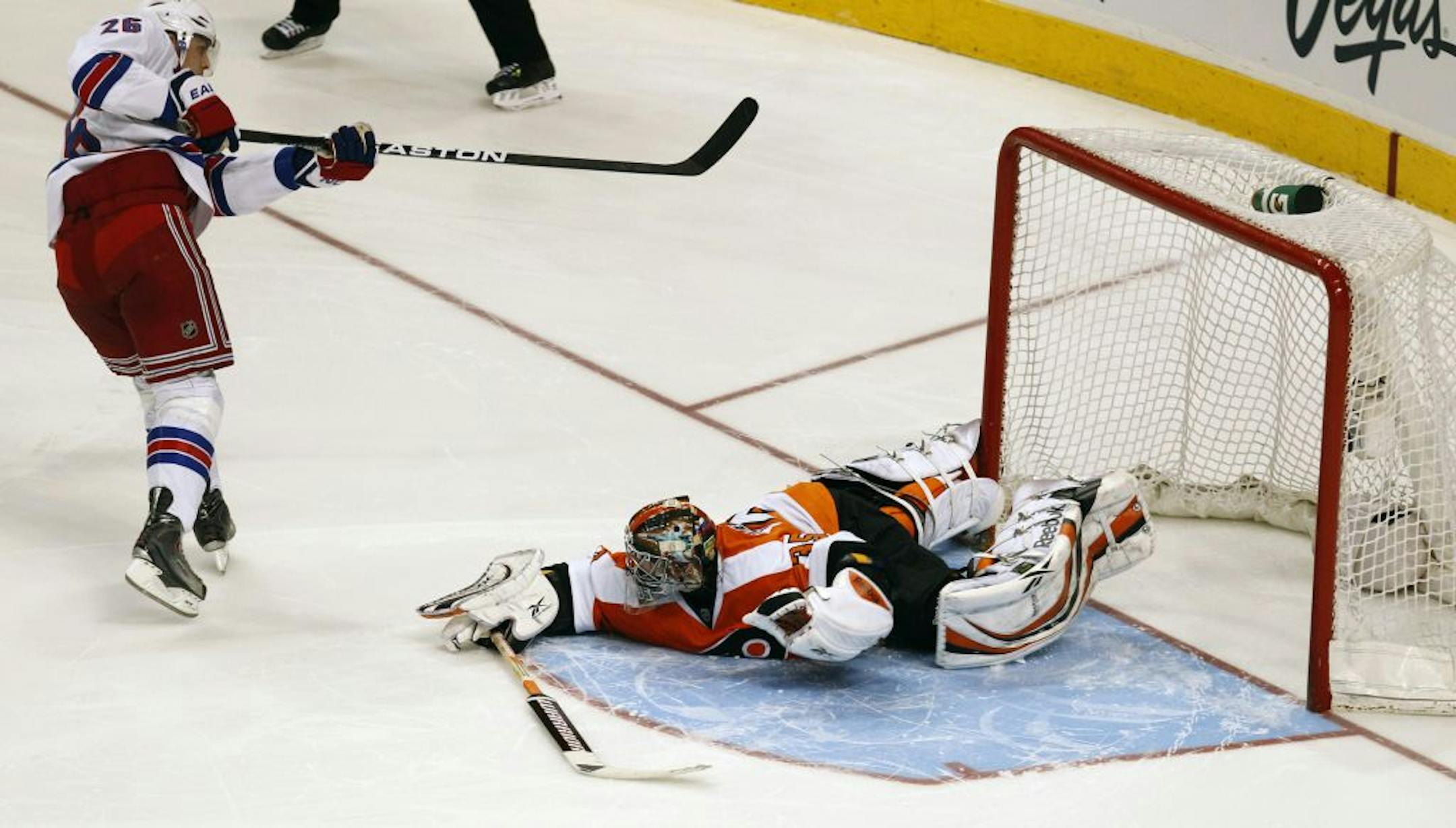 New York Rangers' Erik Christensen scores on Philadelphia Flyers goalie Sergei Bobrovsky during the shootout on Sunday, April 3, 2011 at the Wells Fargo Center in Philadelphia, Pennsylvania. The Rangers defeated the Flyers, 3-2.