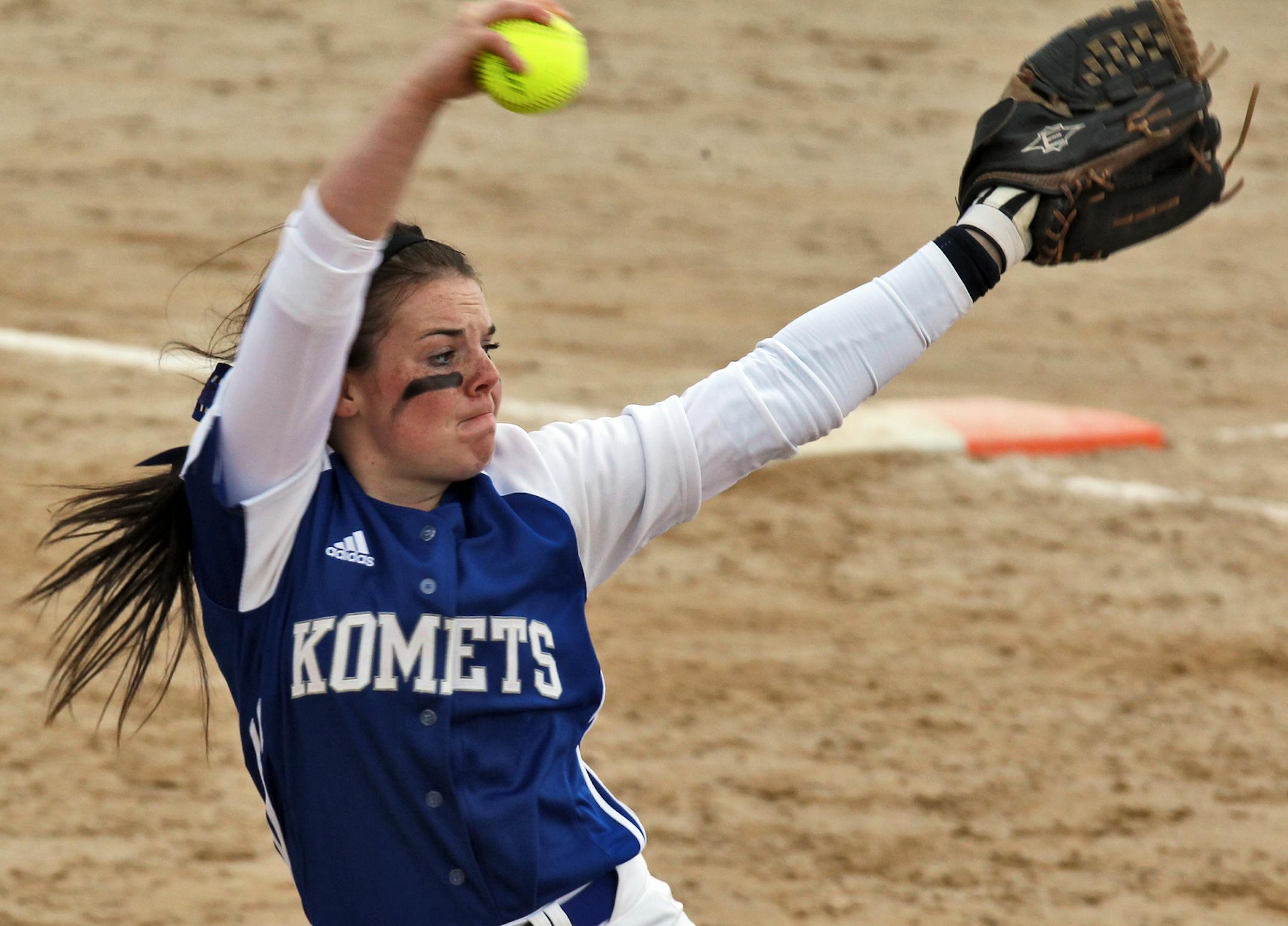 Girls Fast Pitch Softball Championships. New Ulm vs. Kasson-Mantorville in 2A competition. New Ulm won 1-0. Kasson-Mantorville pitcher Maddie Damon. (MARLIN LEVISON/STARTRIBUNE(mlevison@startribune.com (cq all names program)
