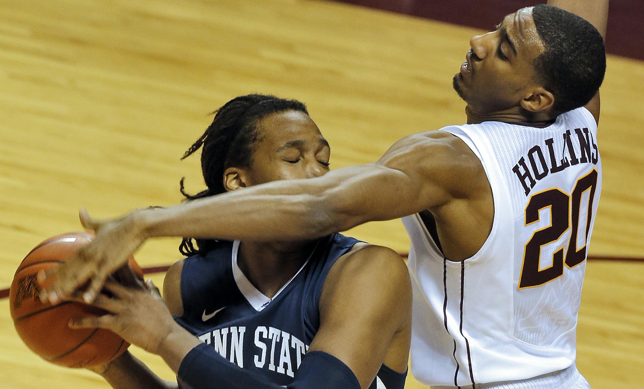 Minnesota's Austin Hollins defended Penn State's Brandon Taylor last week at Williams Arena.