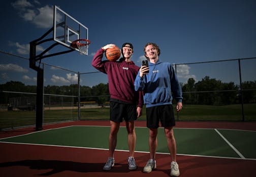 Joe Doerrer, right, and Nolan Newberg, who run Strictly Bball together, stand for a portrait at Shamrock Park Monday, June 20, 2022 in Shoreview, Minn.. ] Aaron Lavinsky • aaron.lavinsky@startribune.com